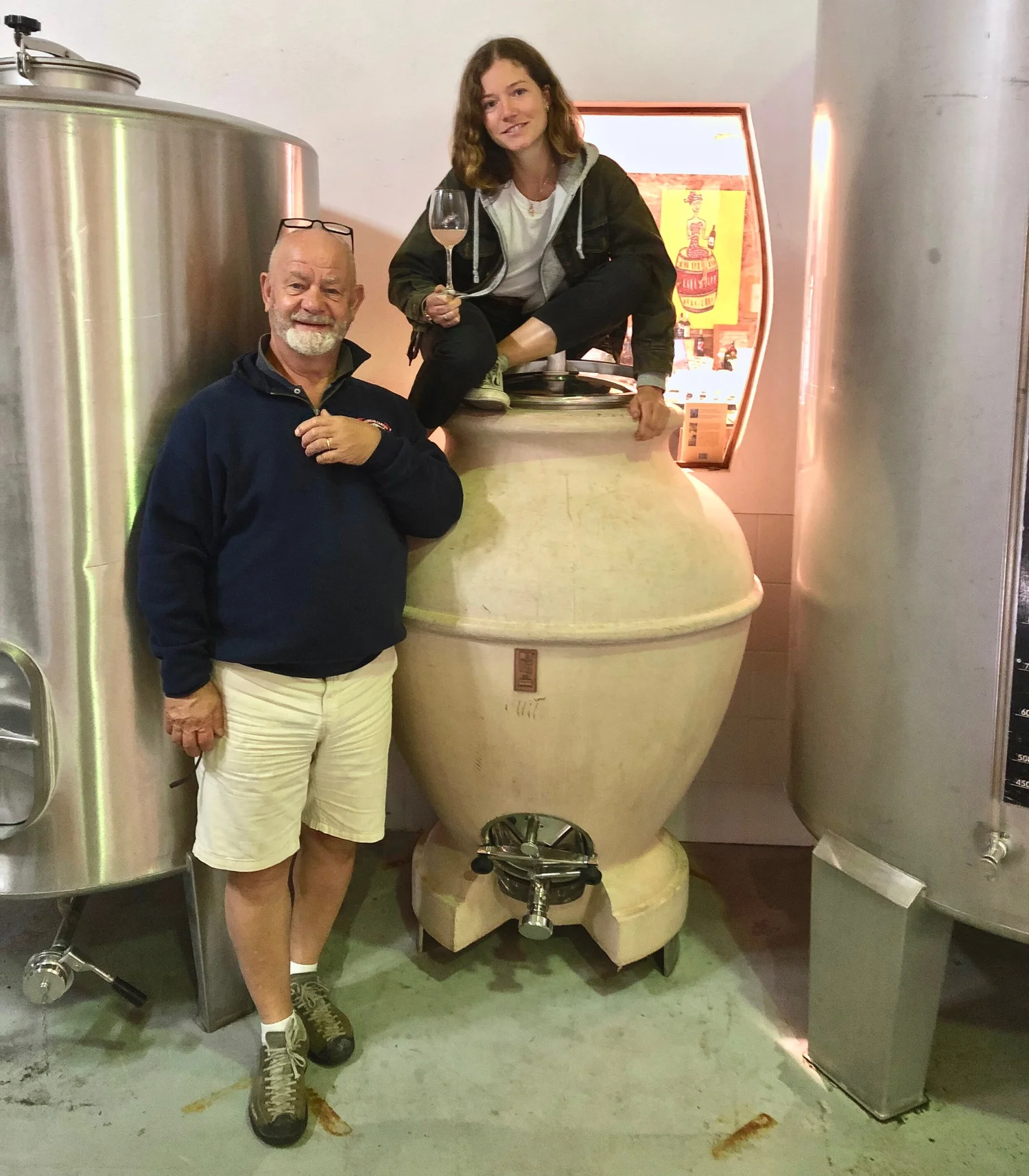  Owner, Vincent Bouchard, and daughter, Odile Bouchard, tasting the evolution of our new Douro DOC rosé wine, partially fermented and aged in this  cocciopesto  vase.  Photo by Odile Bouchard.  