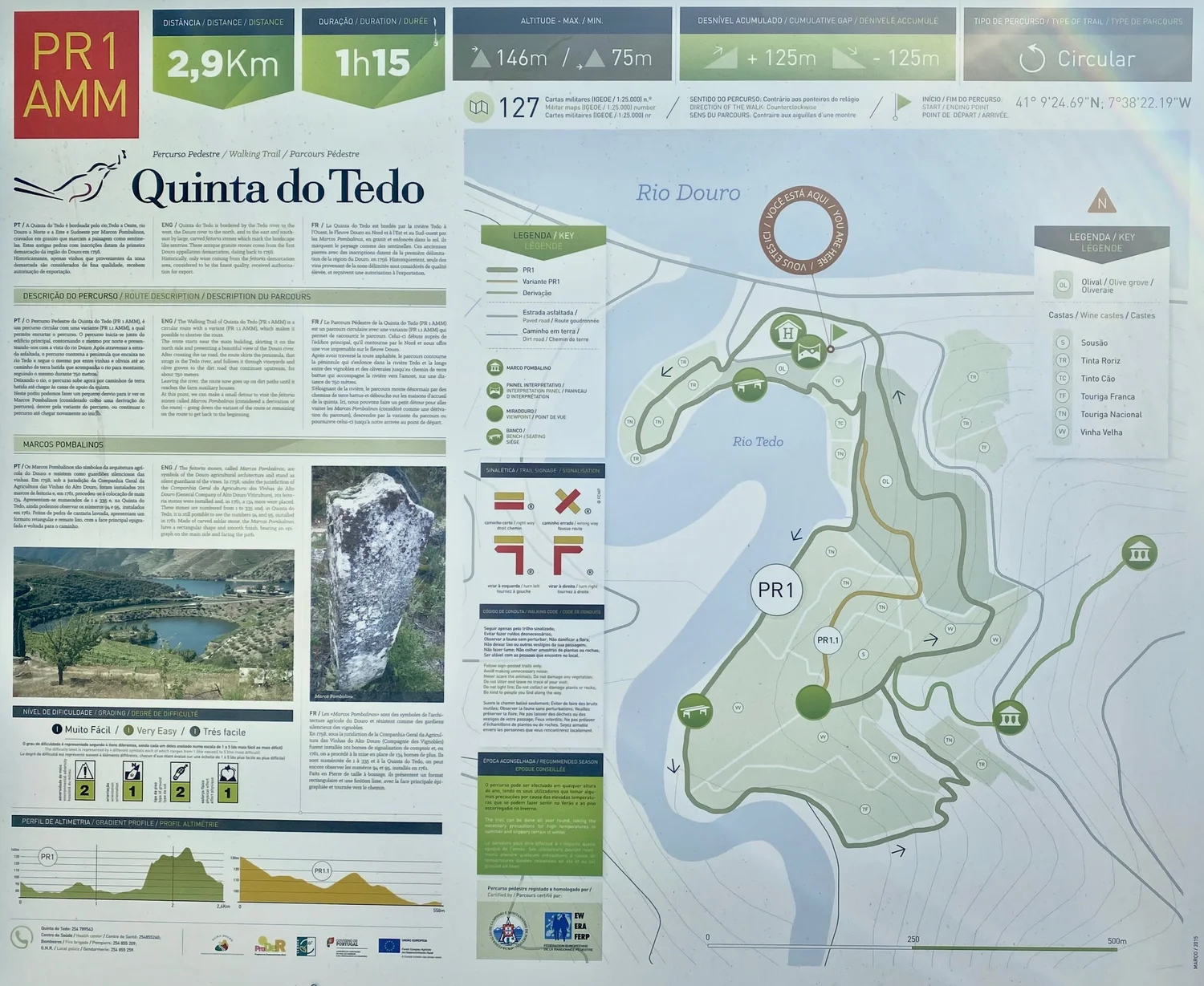  Map of the hiking trail that meanders along the Tedo River, through our vineyards and olive orchards, along with explanations of some indigenous grape varieties and where to find them throughout our 18 ha of organic, grade A vineyards.  Photo by Kay Bouchard . 