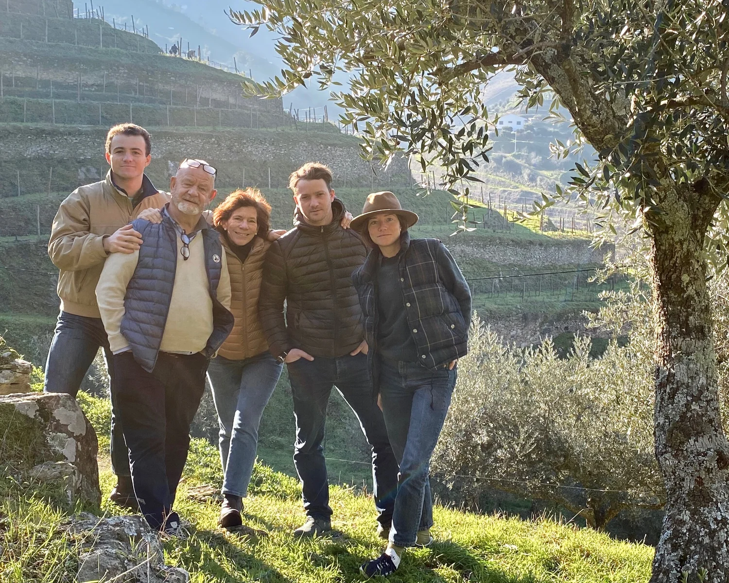   The Bouchard Family in Quinta do Tedo’s centennial olive grove on a cold, but sunny winter day.   