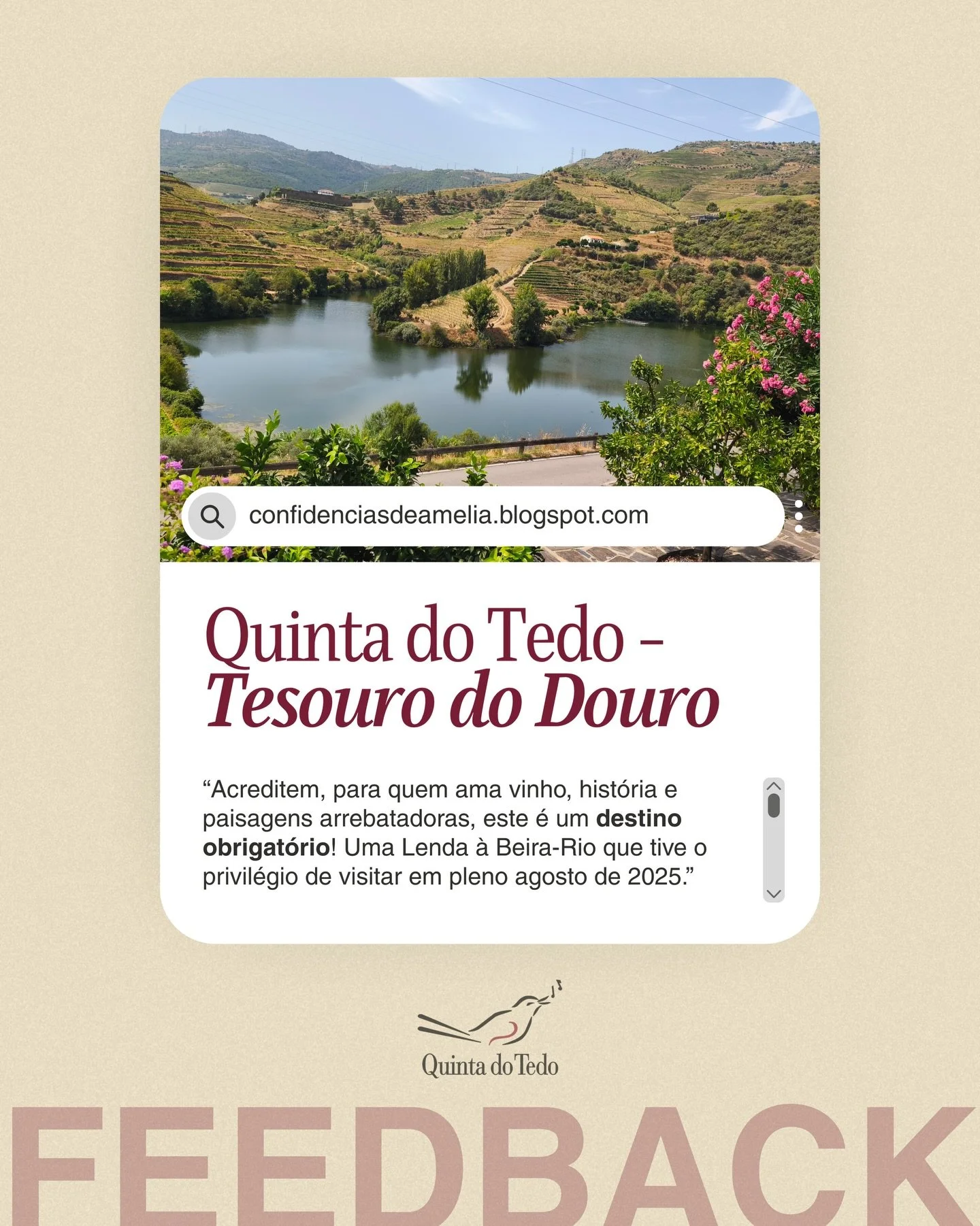 ᴘᴛ Um &ldquo;tesouro do Douro&rdquo;, pelas palavras de quem nos visita. 𝗢𝗯𝗿𝗶𝗴𝗮𝗱𝗼. ❤️ 

A Am&eacute;lia visitou a Quinta do Tedo e contou a sua experi&ecirc;ncia num artigo cheio de detalhe, emo&ccedil;&atilde;o e amor pelo Douro no seu blog.