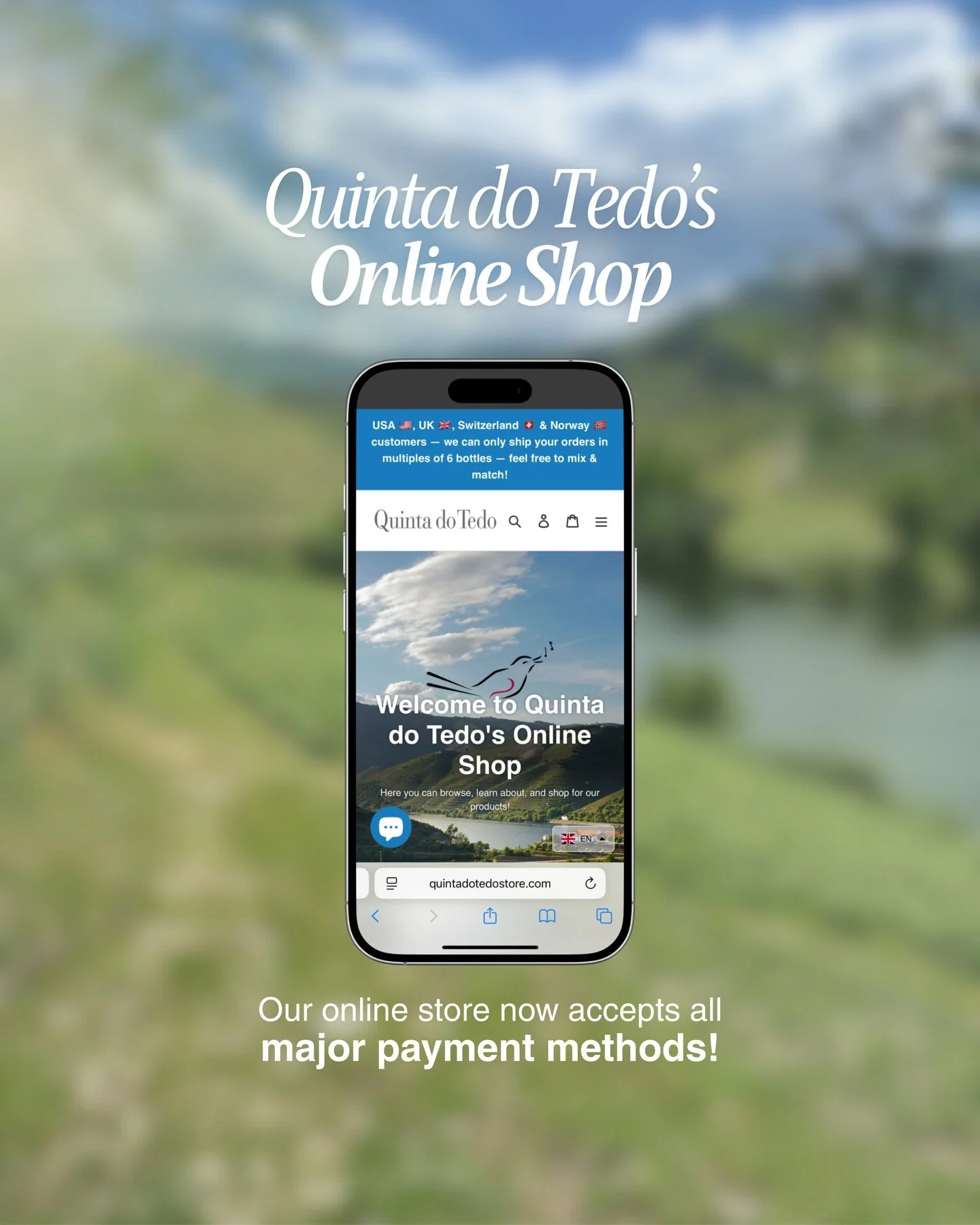 ᴘᴛ Os vinhos da Quinta do Tedo chegam at&eacute; si com ainda mais facilidade!

A nossa loja online agora aceita todos os principais m&eacute;todos de pagamento: Visa, Mastercard, American Express e transfer&ecirc;ncia banc&aacute;ria.
Mais conveni&e