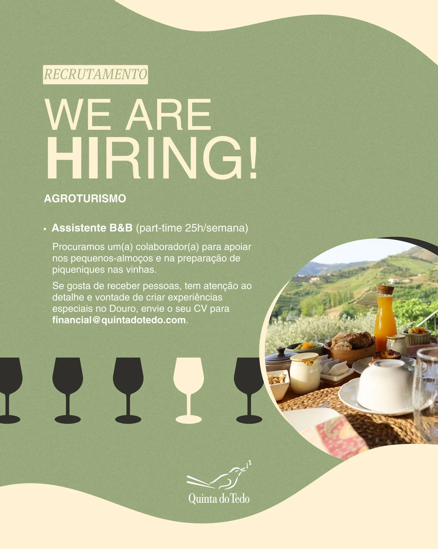 ᴘᴛ 𝗝𝘂𝗻𝘁𝗲-𝘀𝗲 𝗮̀ 𝗲𝗾𝘂𝗶𝗽𝗮 𝗱𝗮 𝗤𝘂𝗶𝗻𝘁𝗮 𝗱𝗼 𝗧𝗲𝗱𝗼 &bull; 𝗔𝘀𝘀𝗶𝘀𝘁𝗲𝗻𝘁𝗲 𝗕&amp;𝗕 (𝗽𝗮𝗿𝘁-𝘁𝗶𝗺𝗲)

No cora&ccedil;&atilde;o do Vale do Douro, criamos experi&ecirc;ncias aut&ecirc;nticas que ligam o vinho, a paisagem e a ho