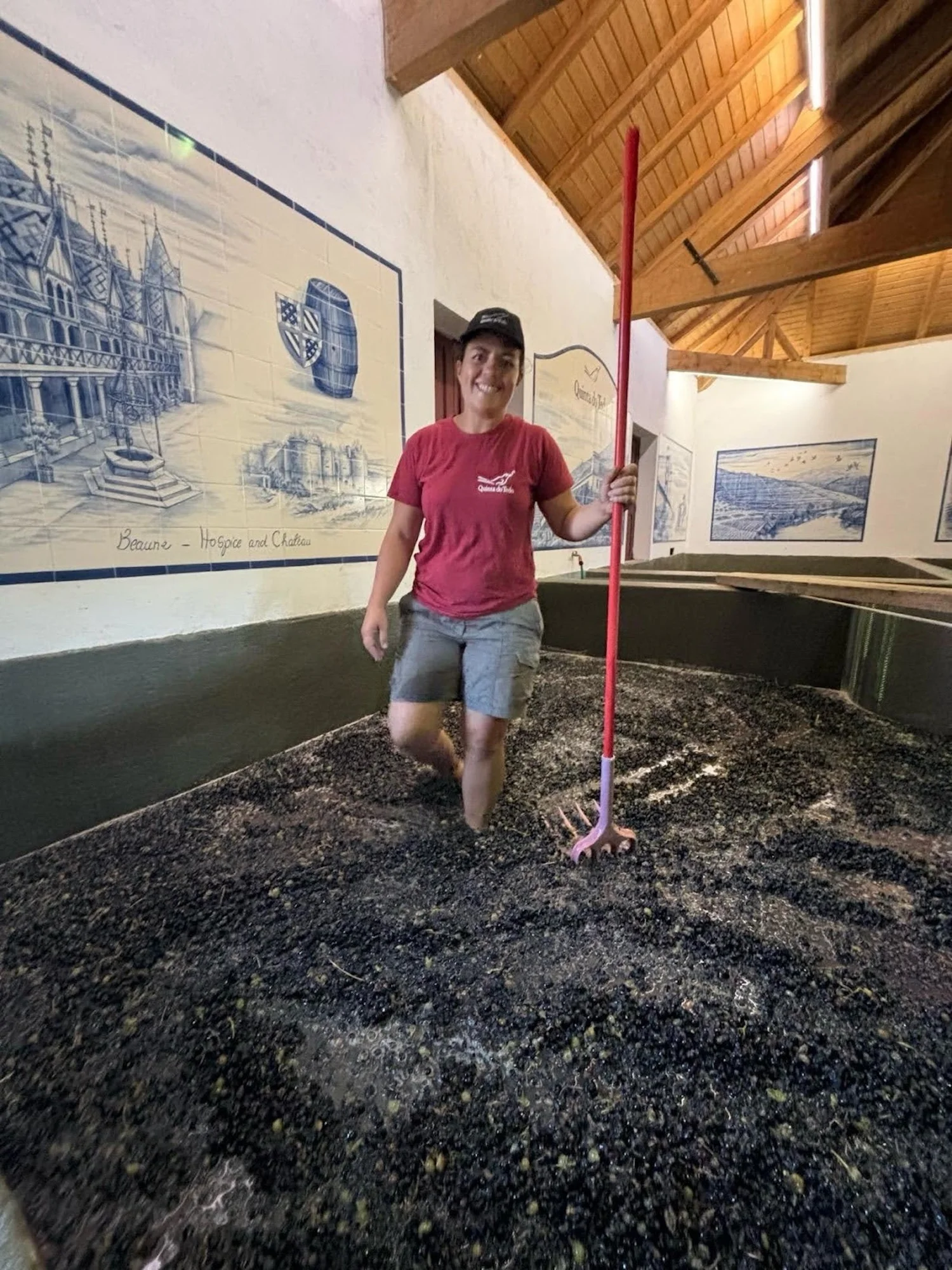 Photo: Resident Winemaker Marta Santos tending, gentle-footed, to one of our 4 small, traditional lagares, freshly-filled with our old vine Savedra field blend.