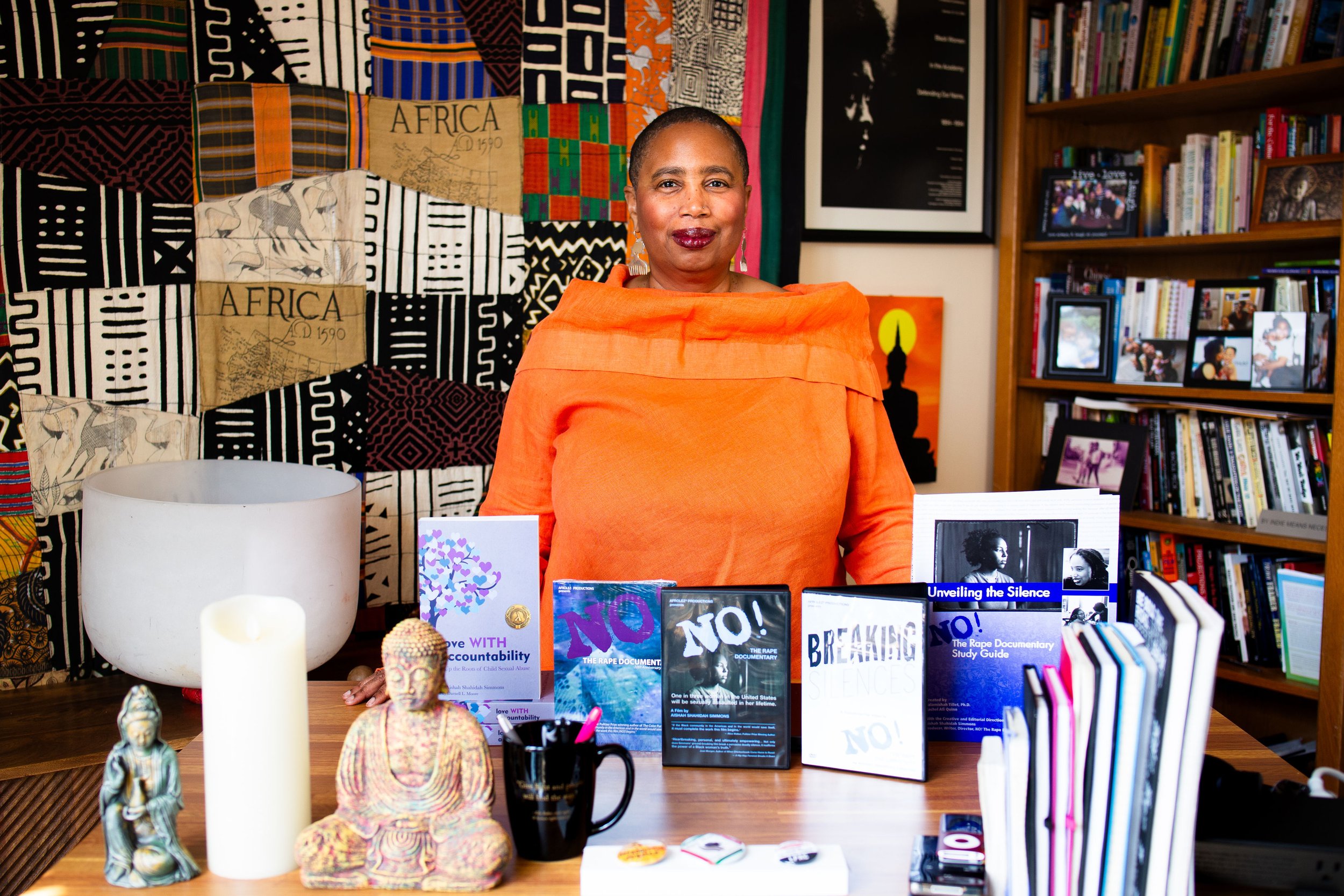 Aishah Shahidah Simmons with her documentary, anthology, and related works. Photo by Studio TSHAY.