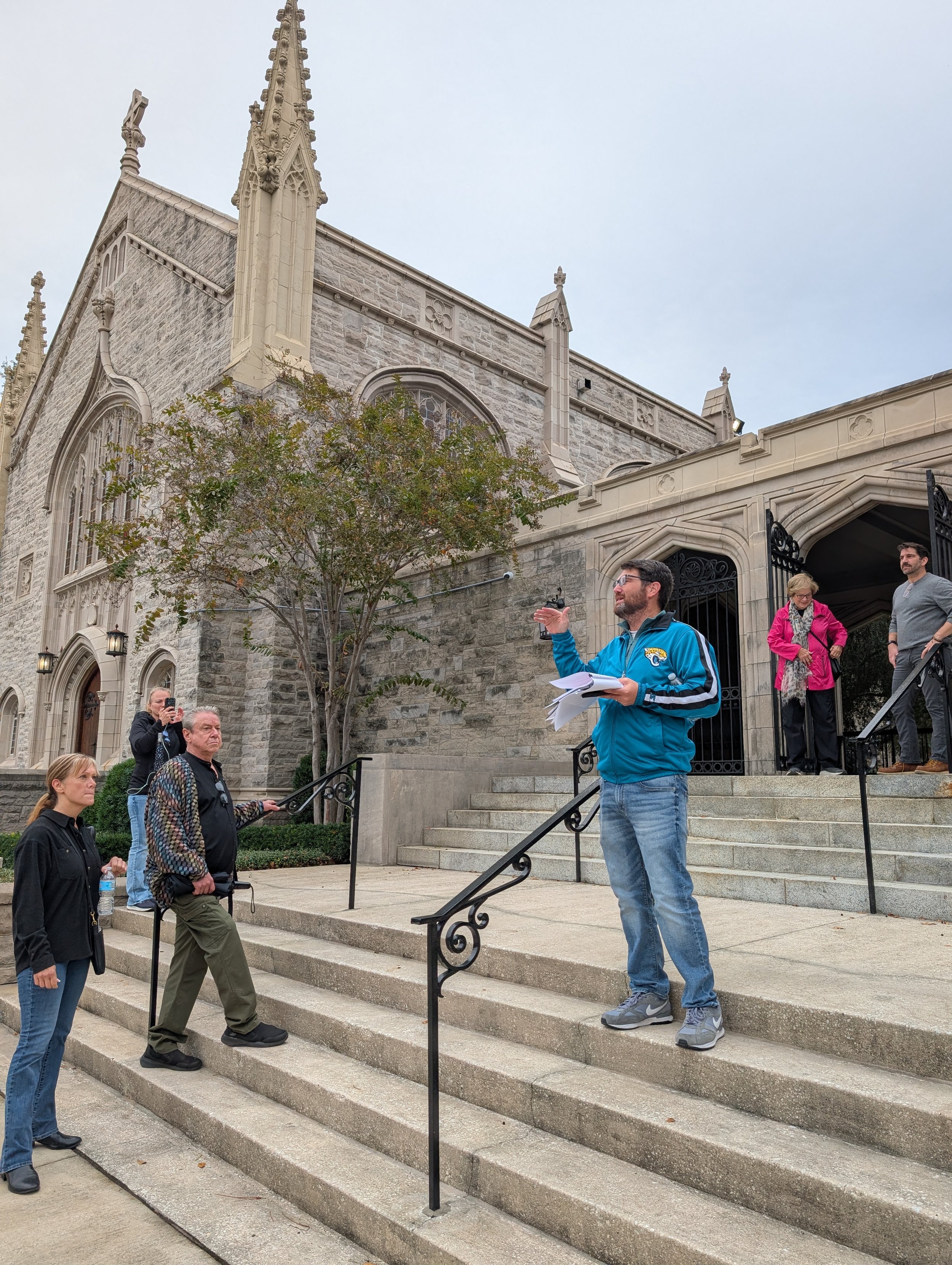 tour guide on cathedral steps