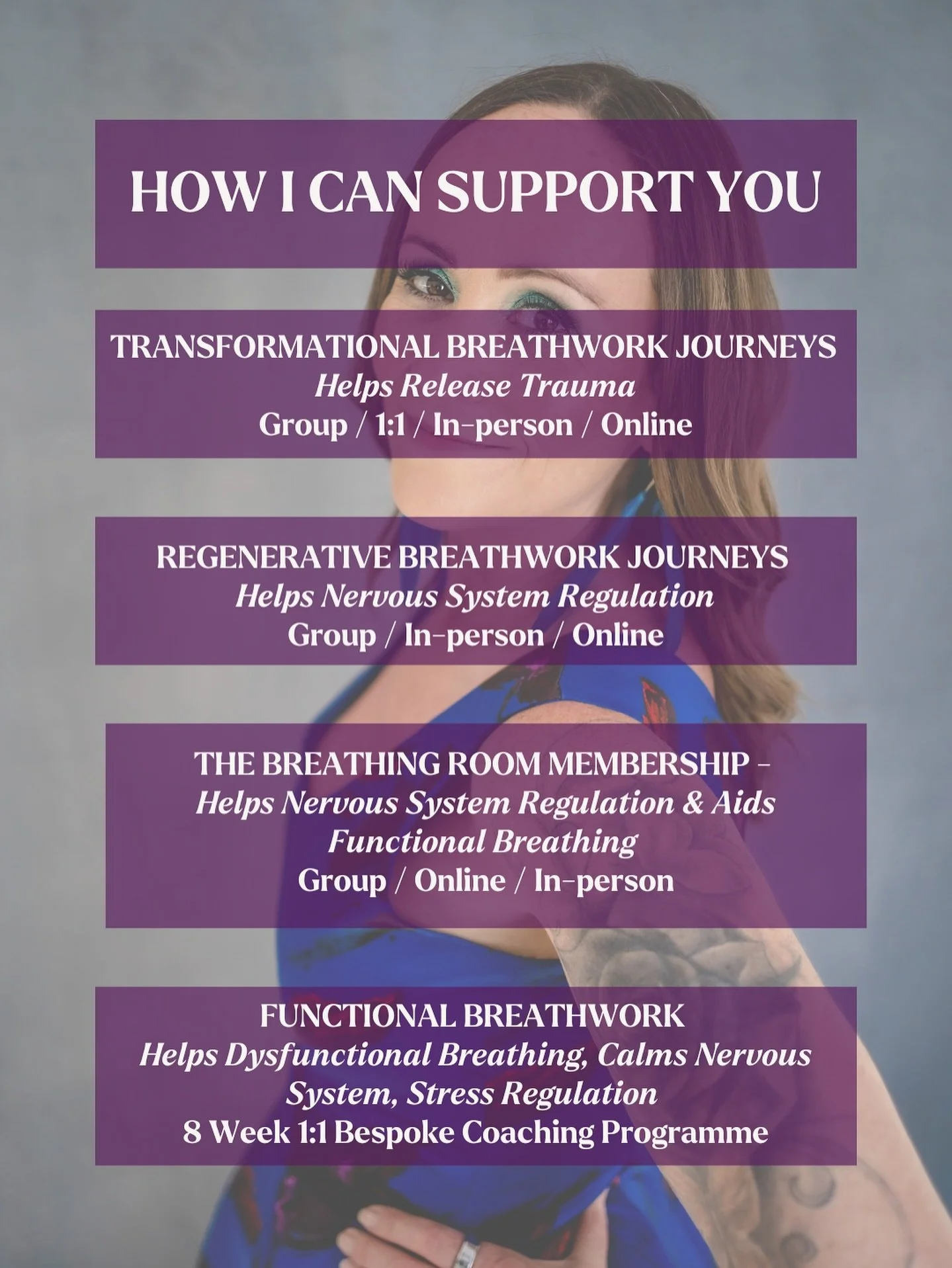 Everything I offer is designed to help you reconnect with your body, release what&rsquo;s been held, and return to a place of calm, clarity, and confidence through the power of your breath 💜

🌬 TRANSFORMATIONAL BREATHWORK JOURNEYS A deep, immersive