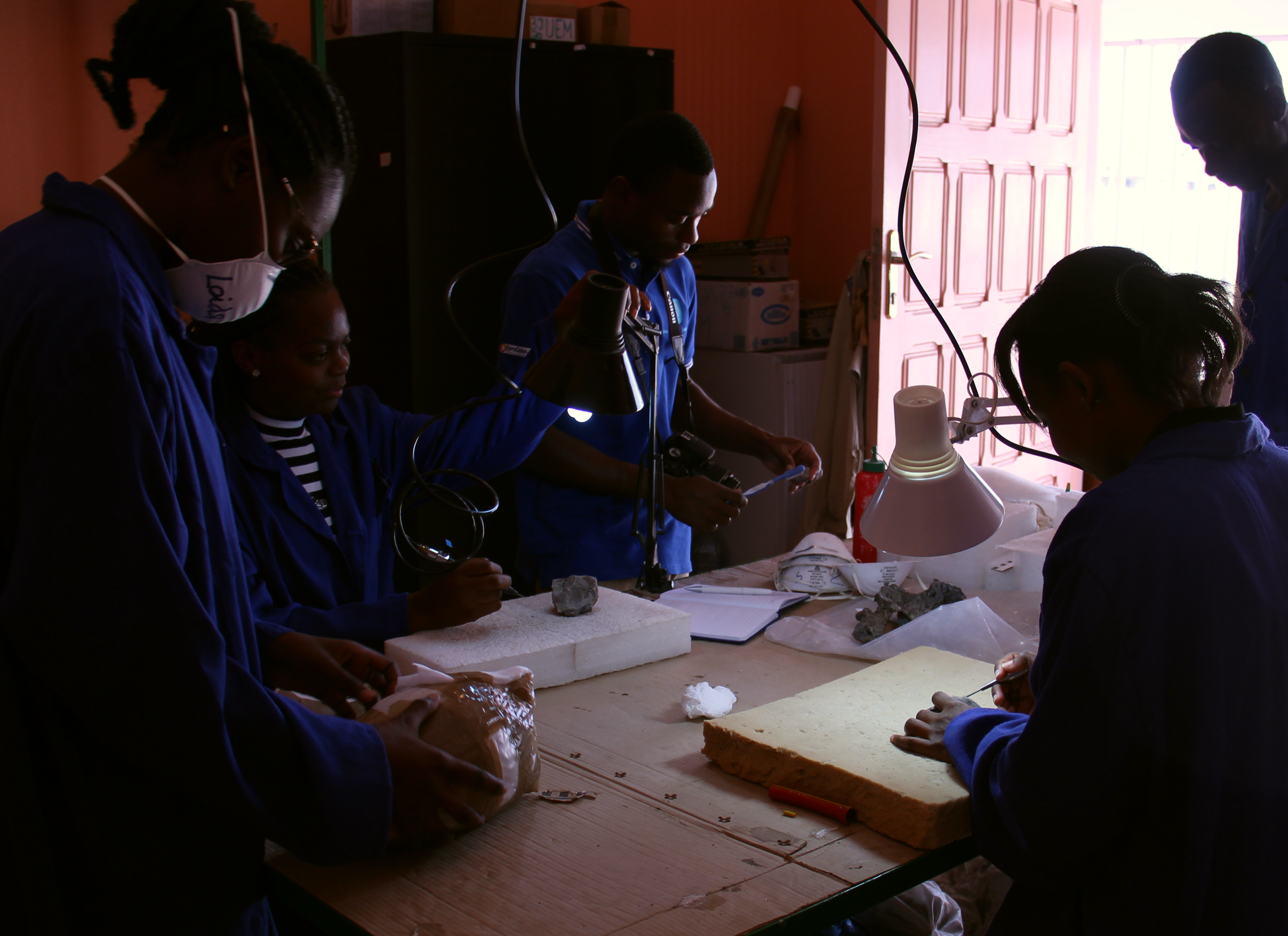 The PaleoMoz team working together in the fossil preparation laboratory.
