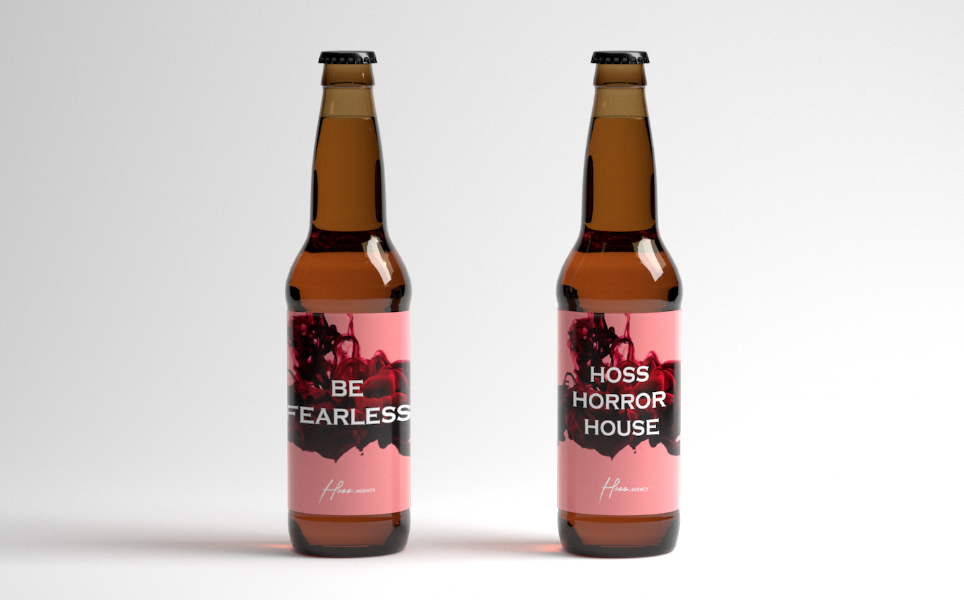 Beer Bottle design for ‘HOSS Horror House’. A Halloween event at Berns Salonger with Budweiser as client.