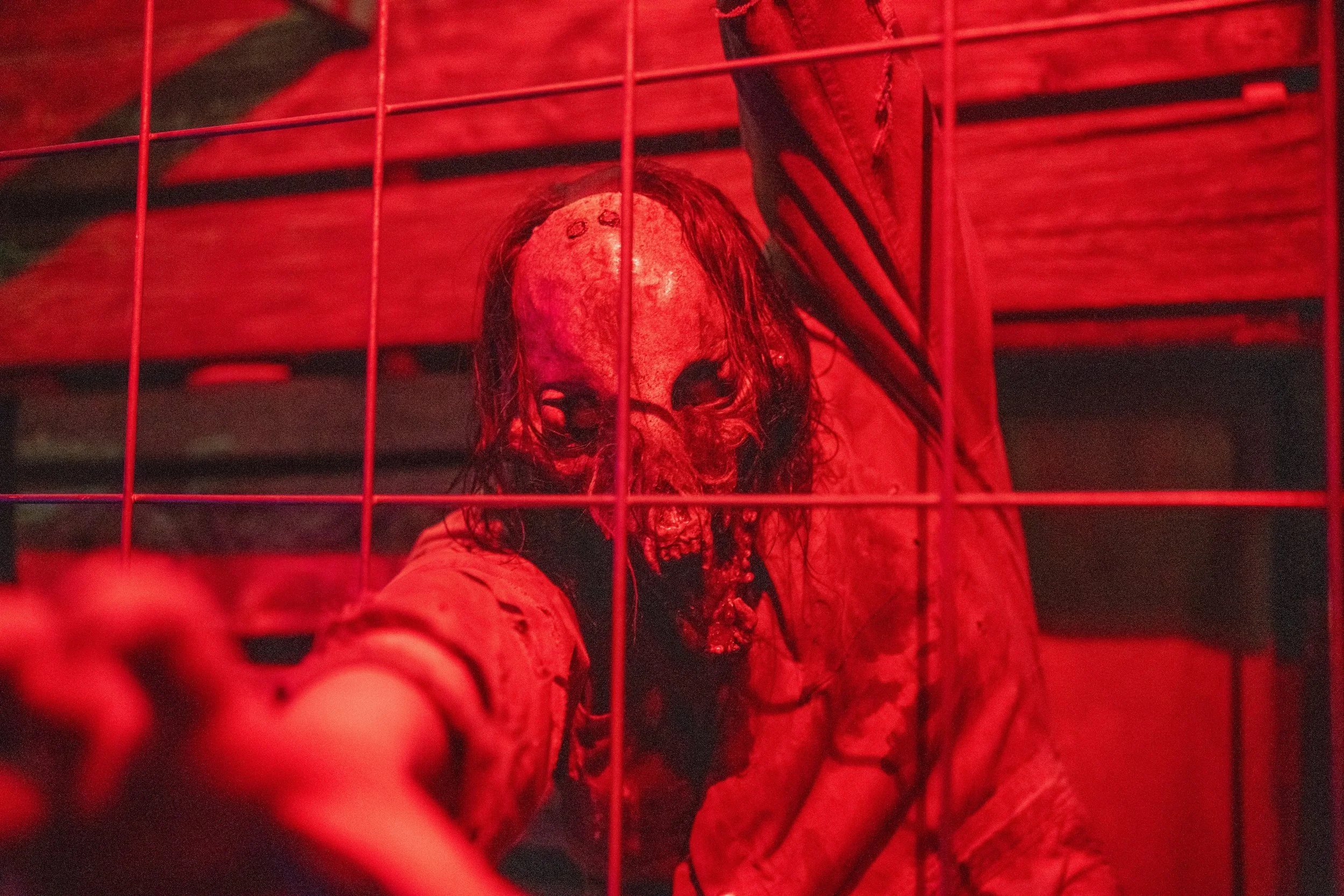 Red ugly beast reaching through a fence.