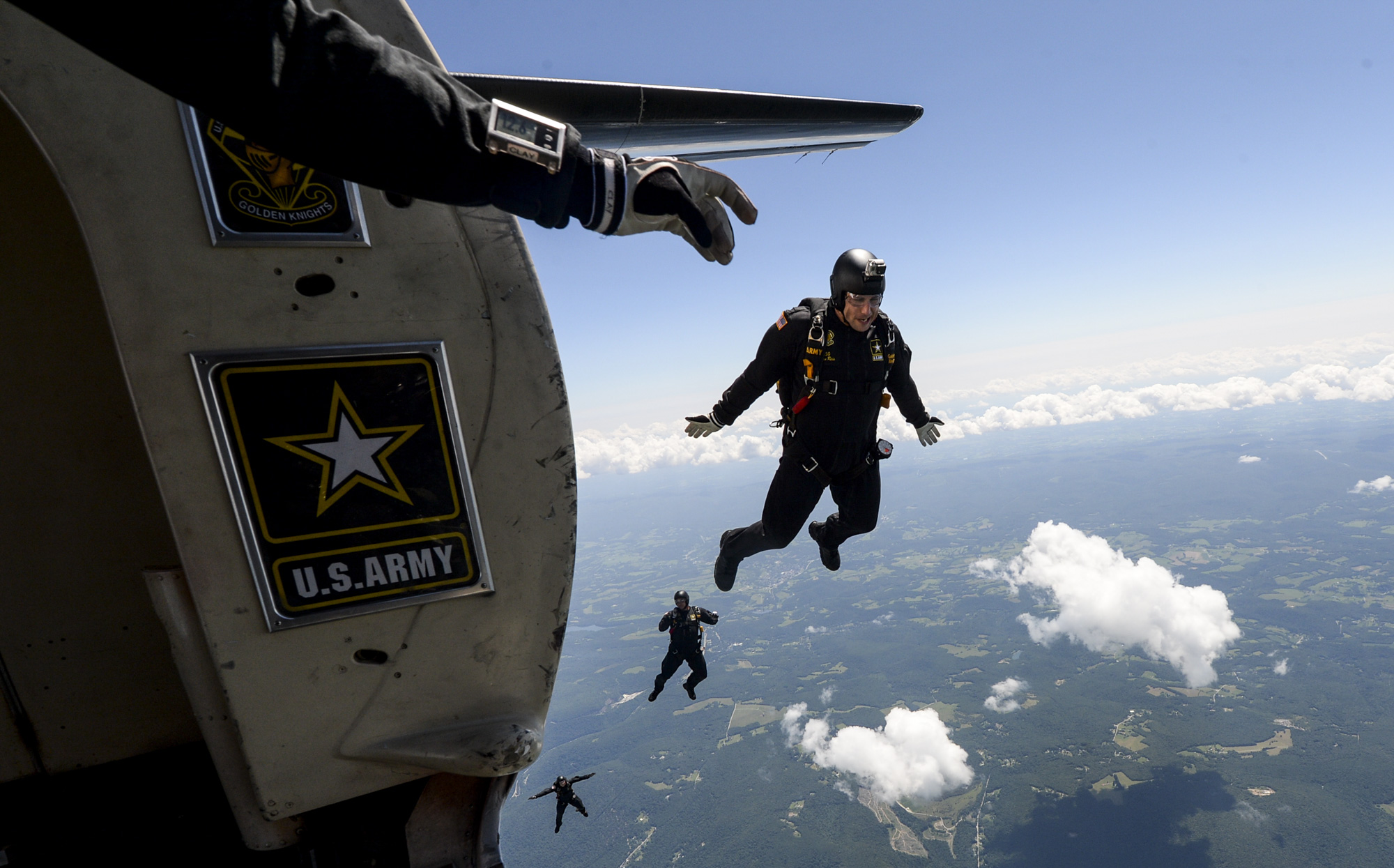  The United States Army Parachute Team, Golden Knights, jumps from 12,500 feet up during the Westmoreland Airshow at Arnold Palmer Regional Airport in Latrobe on Sunday, July 29, 2018. 