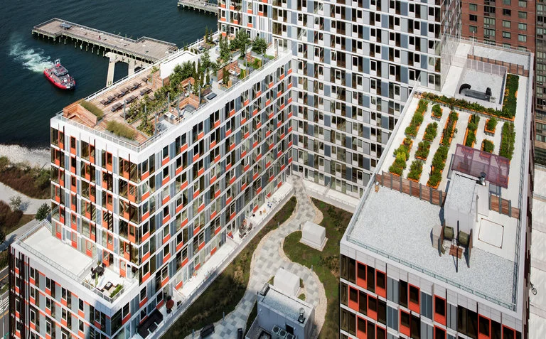Hunters Point South, an affordable housing complex in Long Island City, Queens, has a 2,300-square-foot communal garden, right, that is tended by about 100 tenants who are members of a garden club. The garden is run by GrowNYC. Steve Freihon 