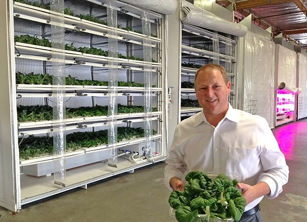 Steve Fambro, CEO of Famgro Farms, developed a vertical growing system that he said is more efficient than greenhouse and field food crop production.&nbsp;Photos courtesy of Famgro Farms.