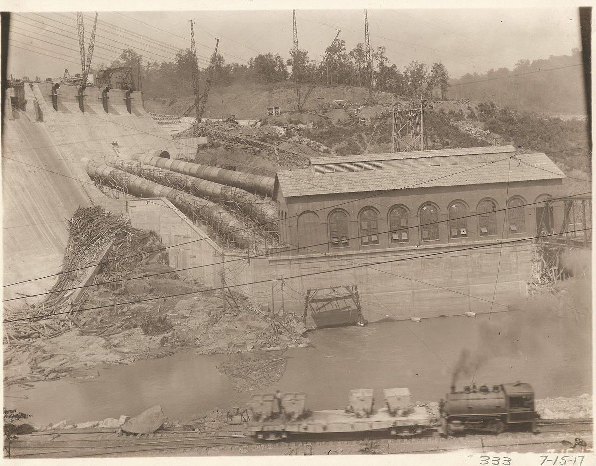 This image shows a view of the Narrows Dam powerhouse under construction in Badin.
