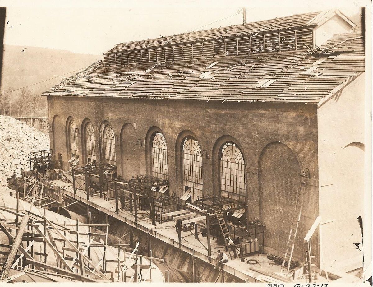 This image shows a view of the Narrows Dam powerhouse under construction in Badin.