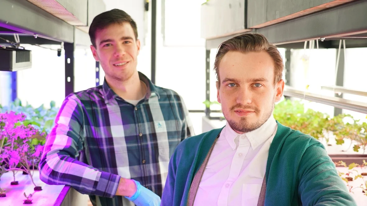Brandon Hebor, left, and Steven Bourne founded agritech start-up Ripple Farms in 2016. (Petar Valkov/CBC)
