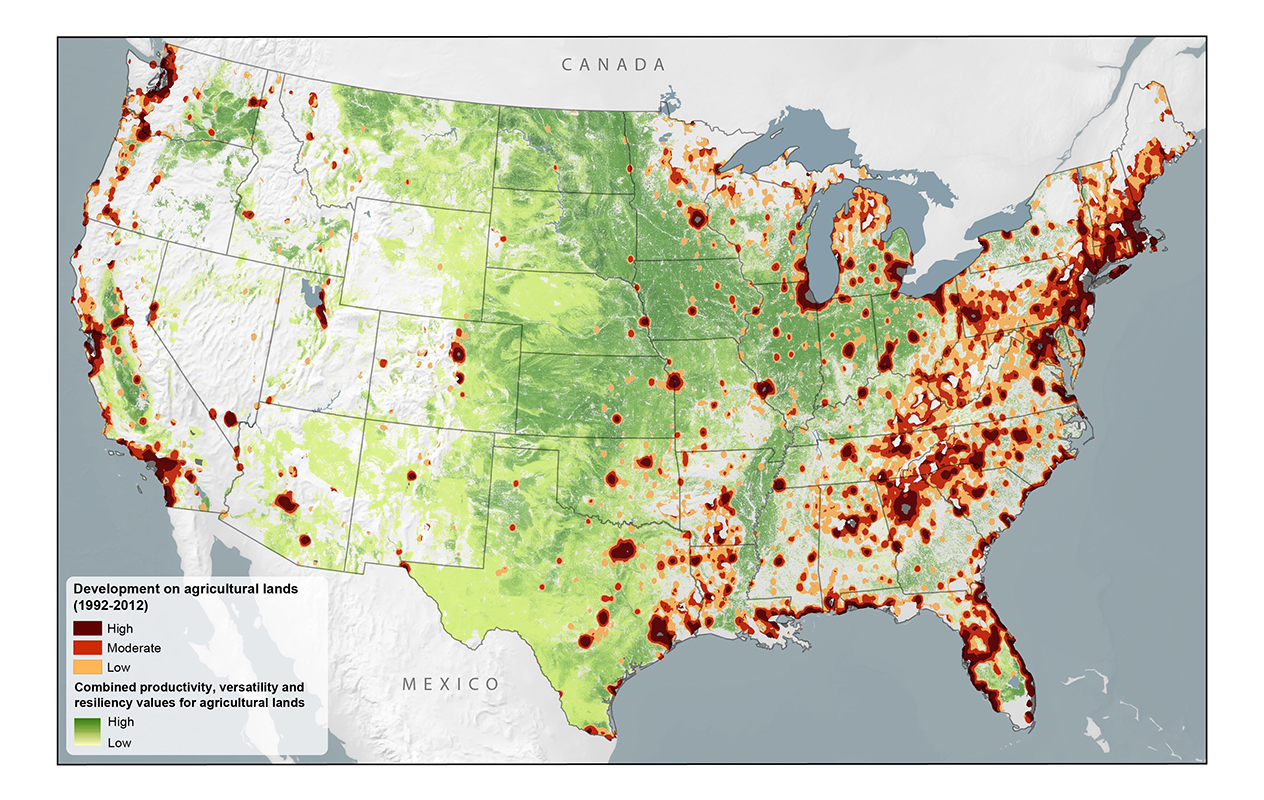 This image, courtesy of American Farmland Trust, shows the conversion of agricultural land to urban and low-density residential development between 1992 and 2012.