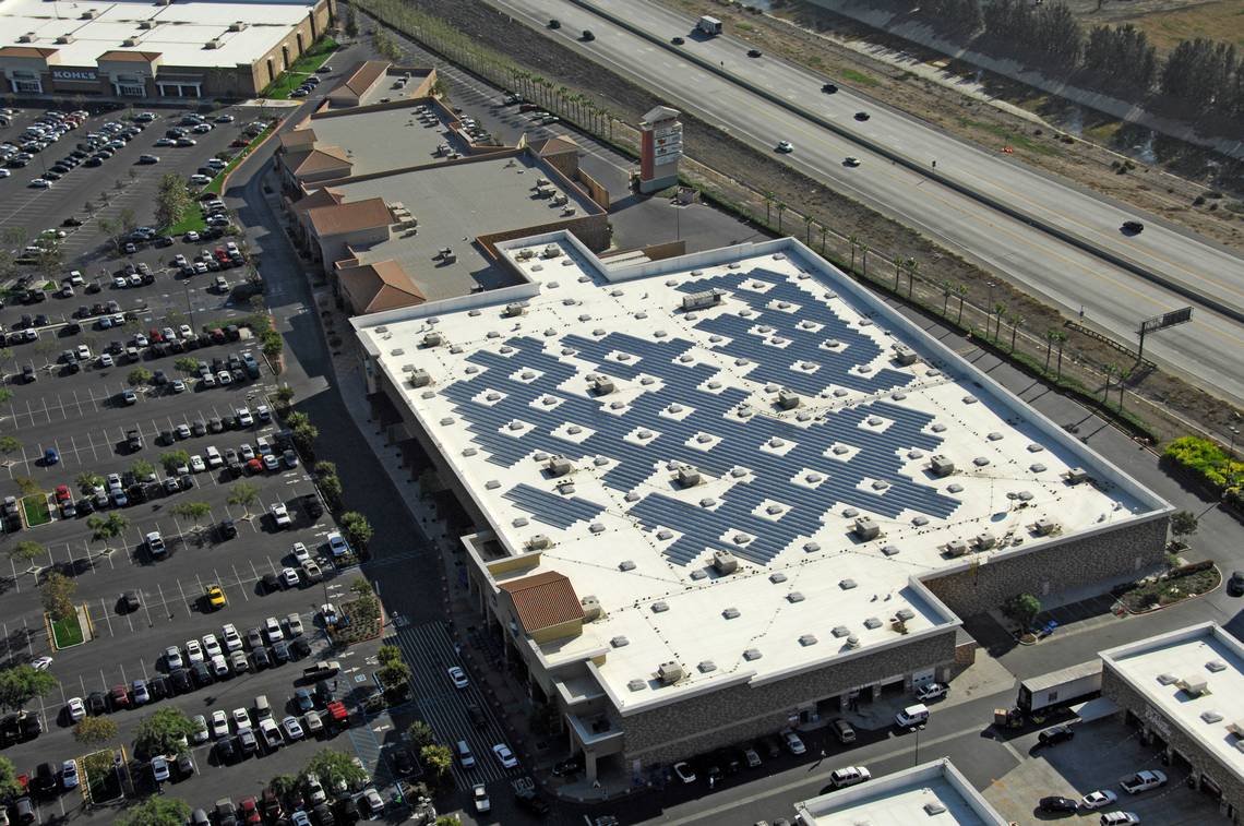 This photo shows a commercial solar system installed by SunPower, a company based in San Jose, California. It’s designing systems for 19 Walmart stores and two distribution centers in Illinois.