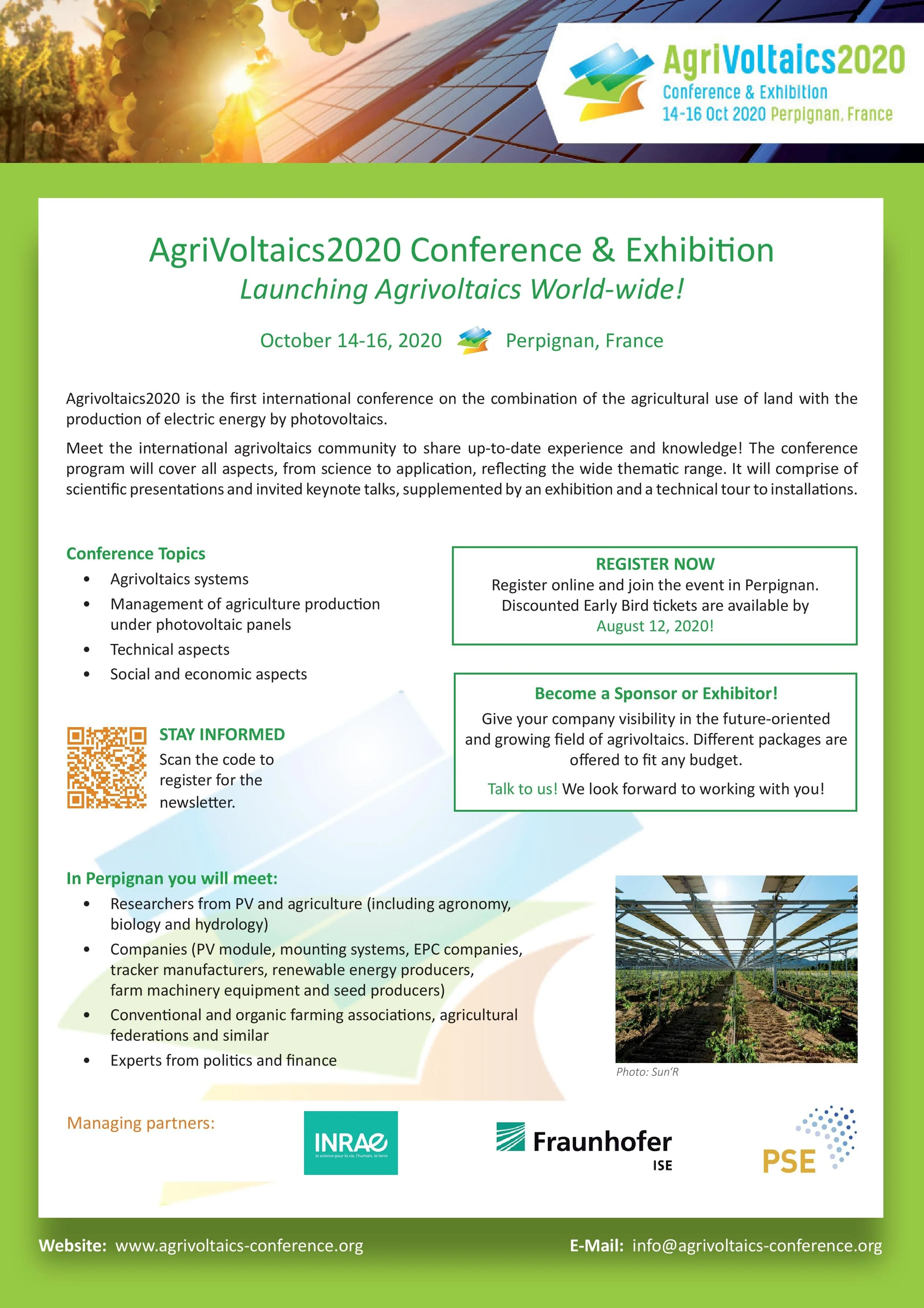 The First International AgriVoltaics Conference Will Take Place From October 14-16, 2020 in Perpignan, France.