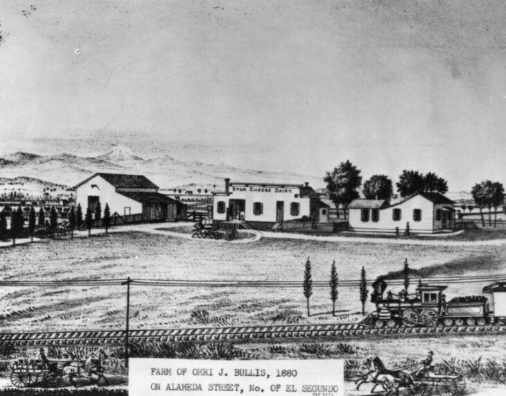 A drawing of the Compton farm and Star Cheese Dairy of Omri J. Bullis in 1880. It was located on Alameda Street, north of El Segundo Blvd. (Security Pacific National Bank Collection/Los Angeles Public Library Collection)