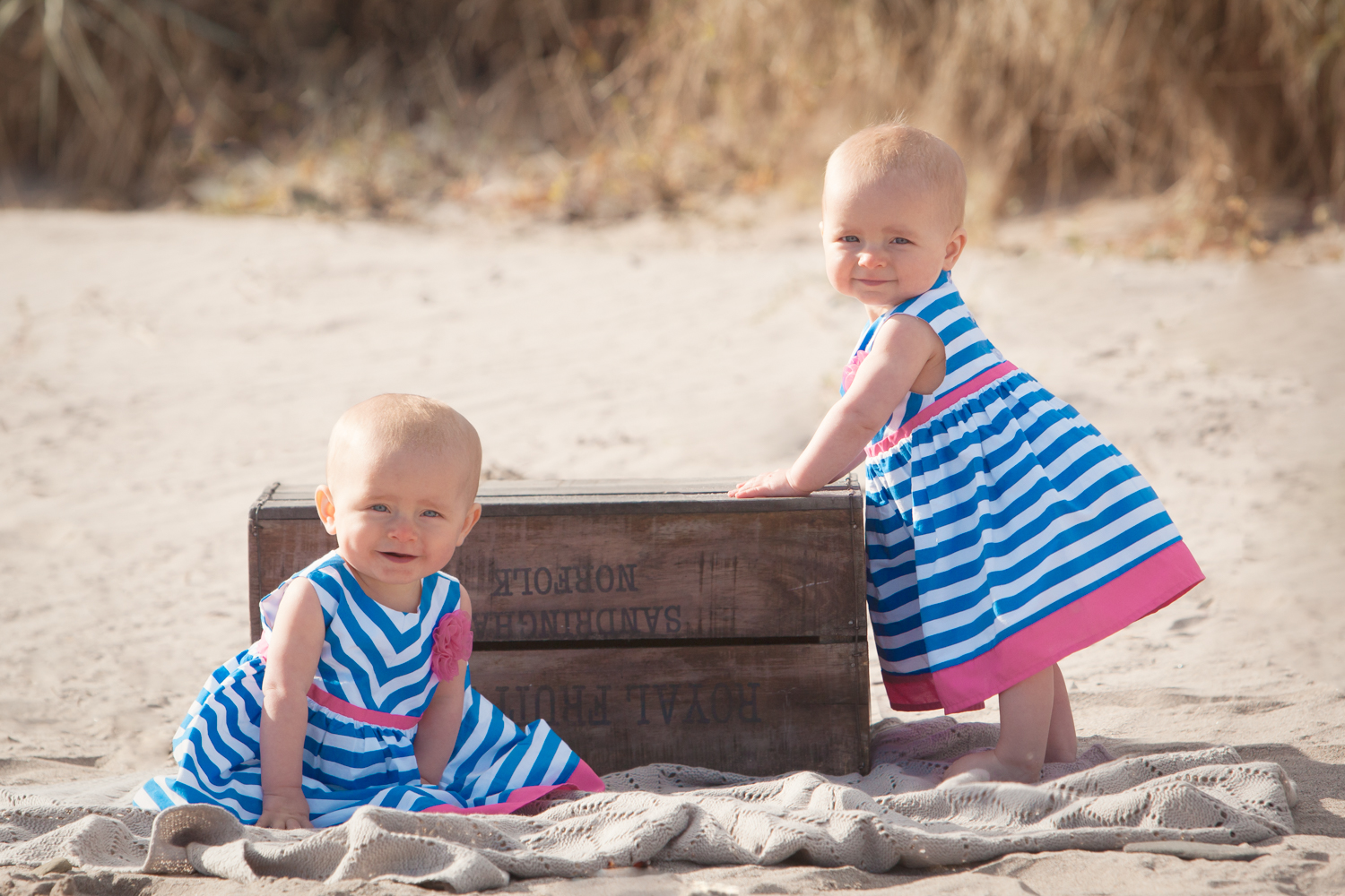 twin baby girls on Berwick beach