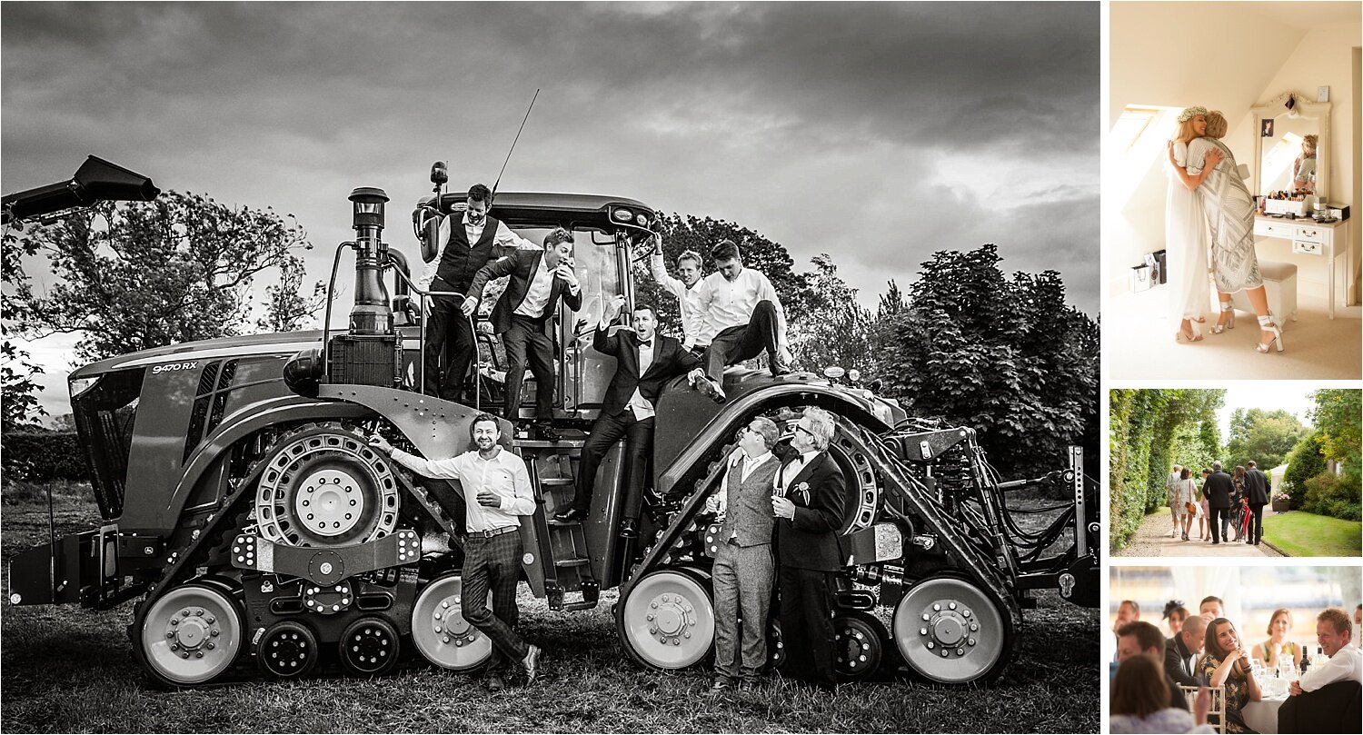 Groomsmen and groom on tractor, black and white wedding photograph (Copy)