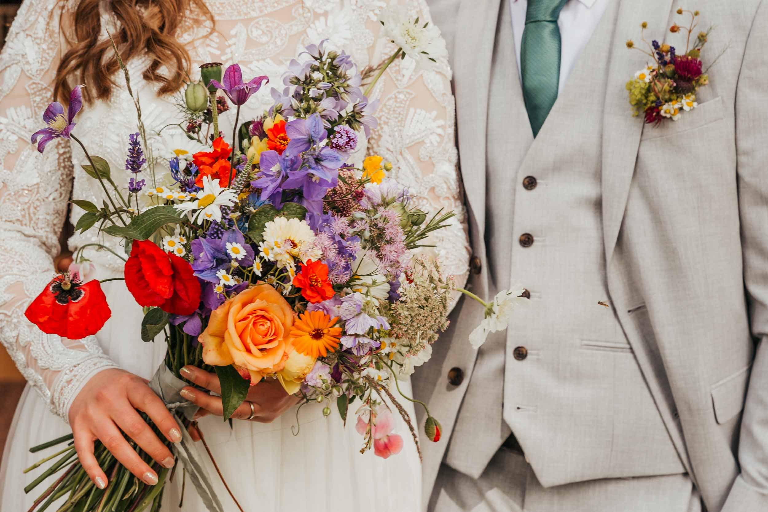 Bride and groom with British flower bouquet and buttonhole (Copy)