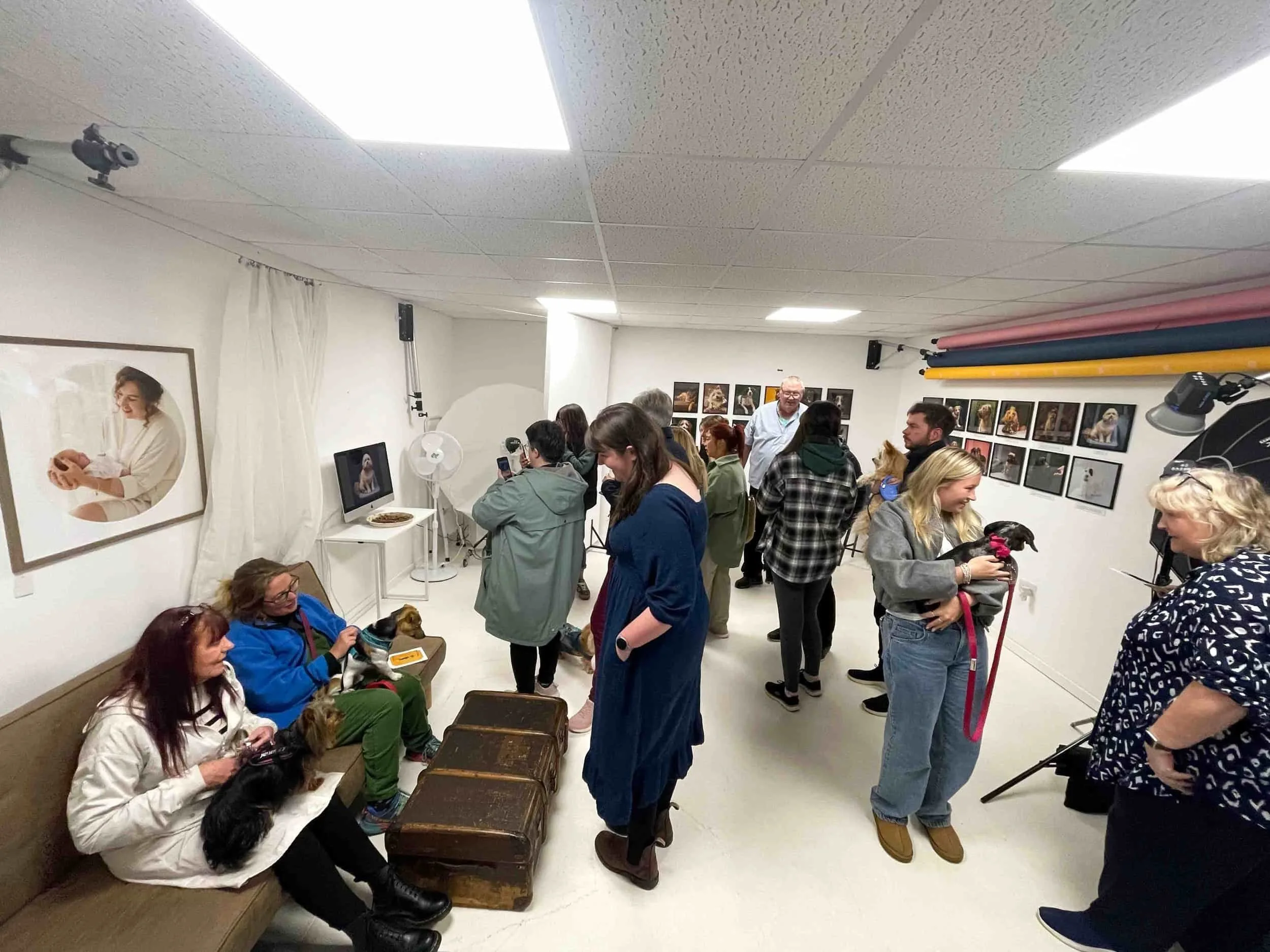 People and dogs socialize in a bright room with portraits—perfect for your next event, available for flexible room hire.