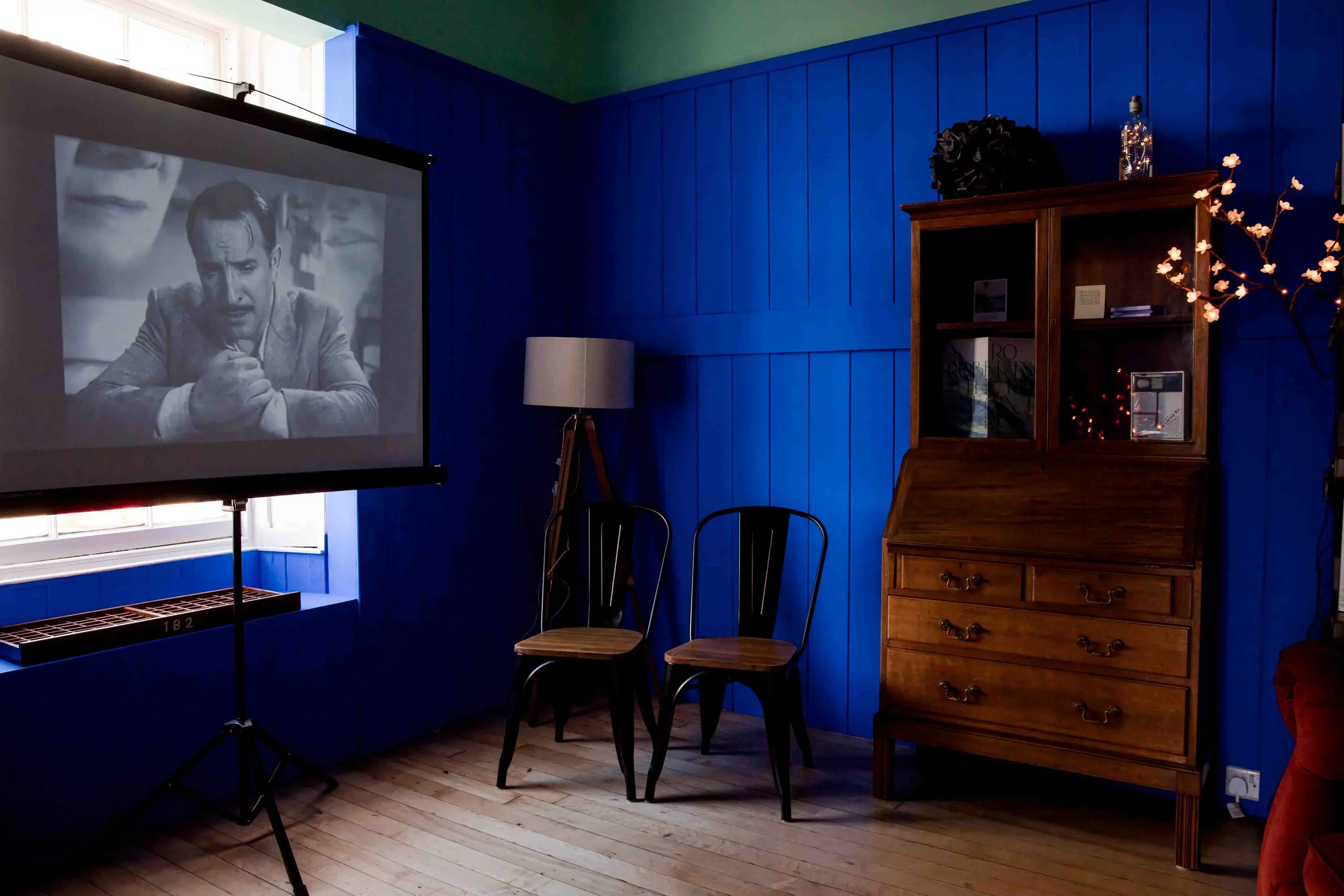 Screening room at Jackal in Berwick with a film playing on a projector screen before the Berwick Film Society event.