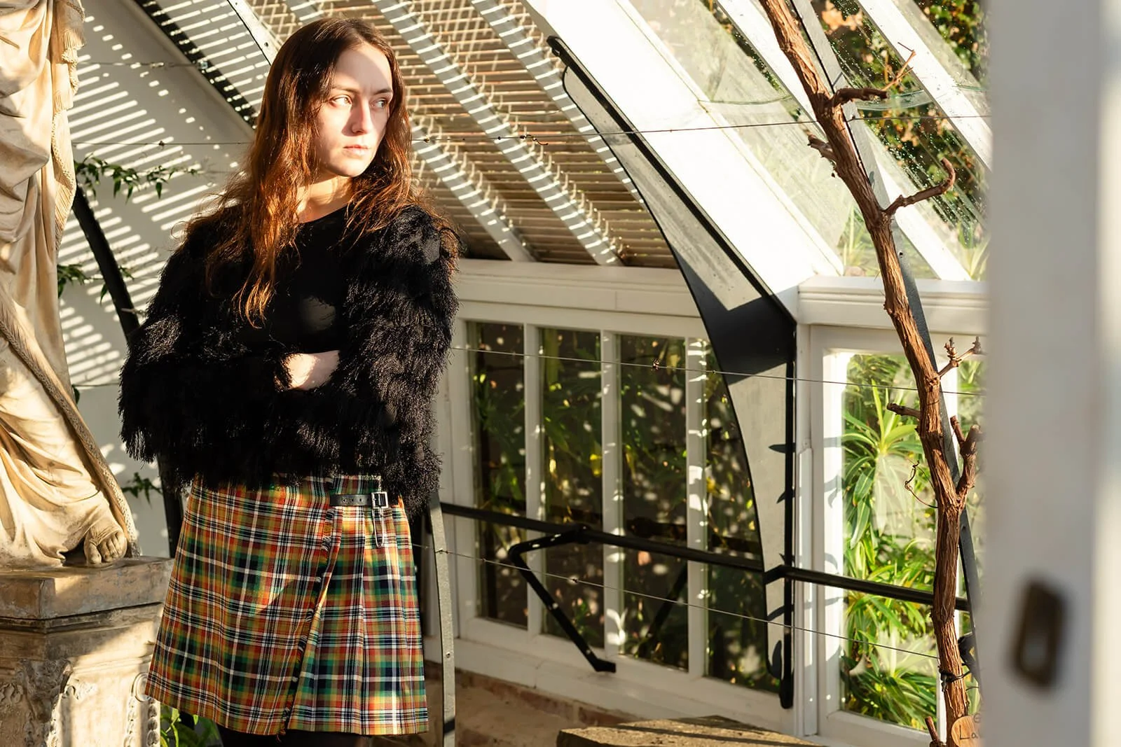 One of International Tartans workshop participants modelling their clothing at a photoshoot at Marchmont House in the Scottish Borders