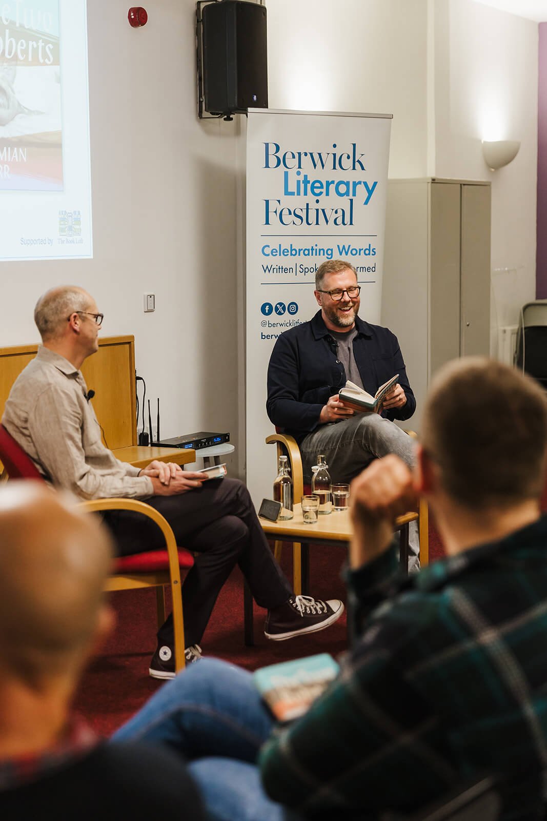 Damian Barr interview at Berwick Literary Festival showing photography copyright UK usage