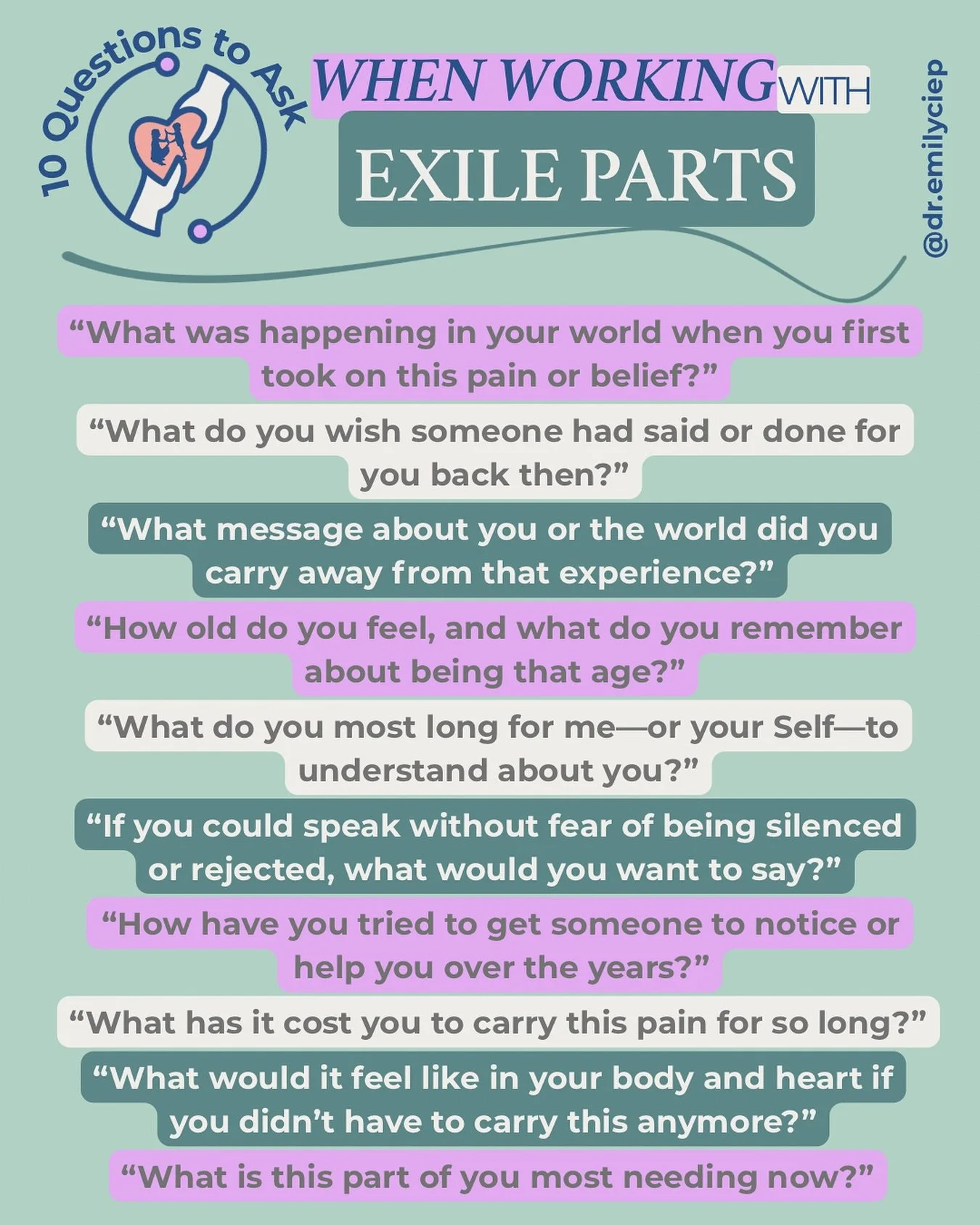 ✨ In IFS or &ldquo;parts&rdquo; therapy, our &ldquo;exiled&rdquo; parts hold the stories we&rsquo;ve buried the deepest&mdash;stories of pain, fear, and unmet needs. Meeting these parts with compassion isn&rsquo;t about fixing them, it&rsquo;s about 