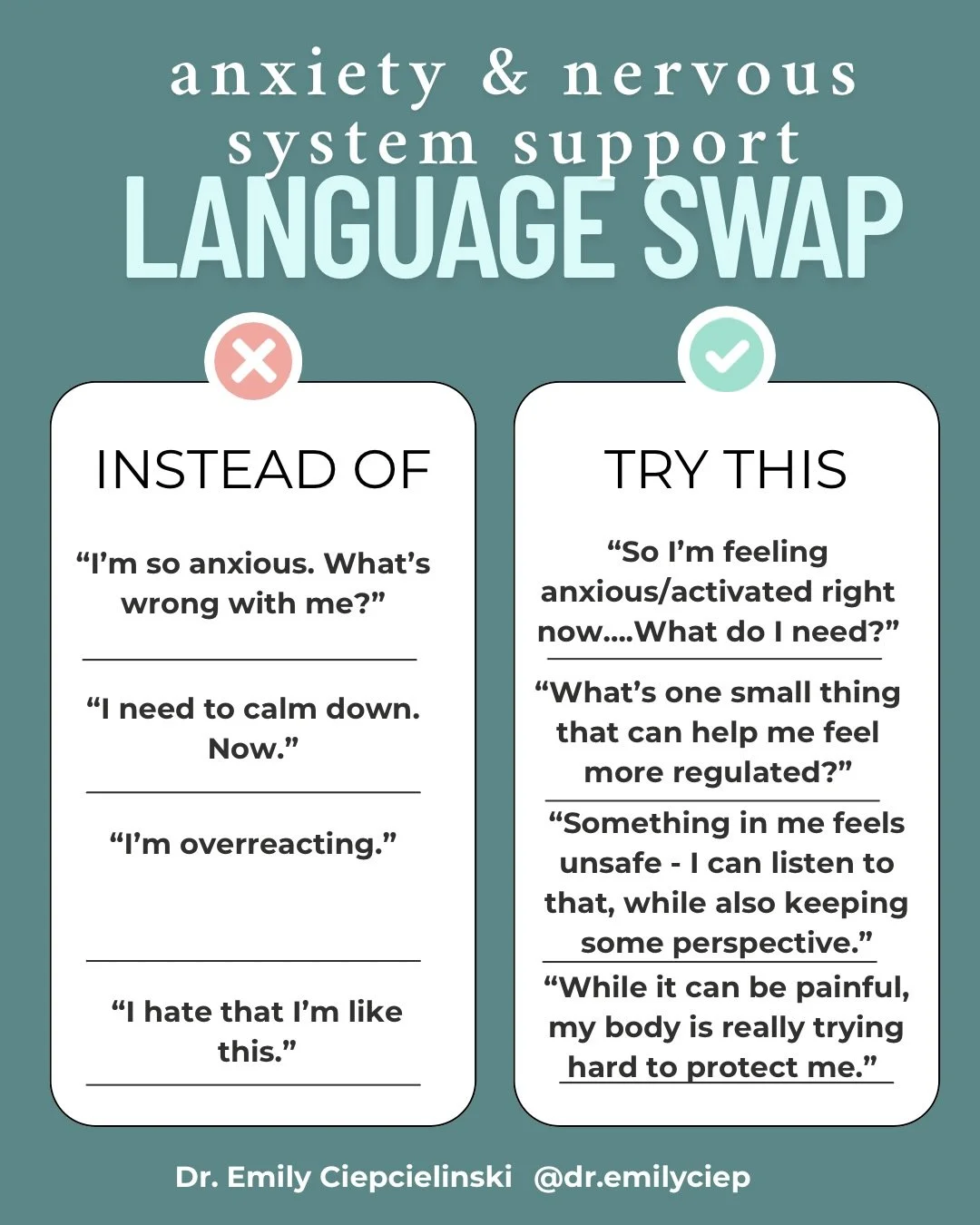 Anxiety isn&rsquo;t a character flaw.
It&rsquo;s a nervous system doing its best to protect you.

The words we use matter.

When we shift from shame &rarr; curiosity
from self-criticism &rarr; compassion
from &ldquo;what&rsquo;s wrong with me?&rdquo;