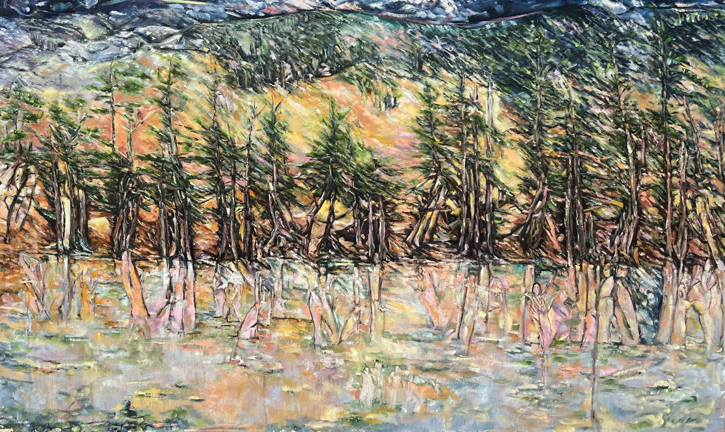 Reflective Forest with Figures and Spirits