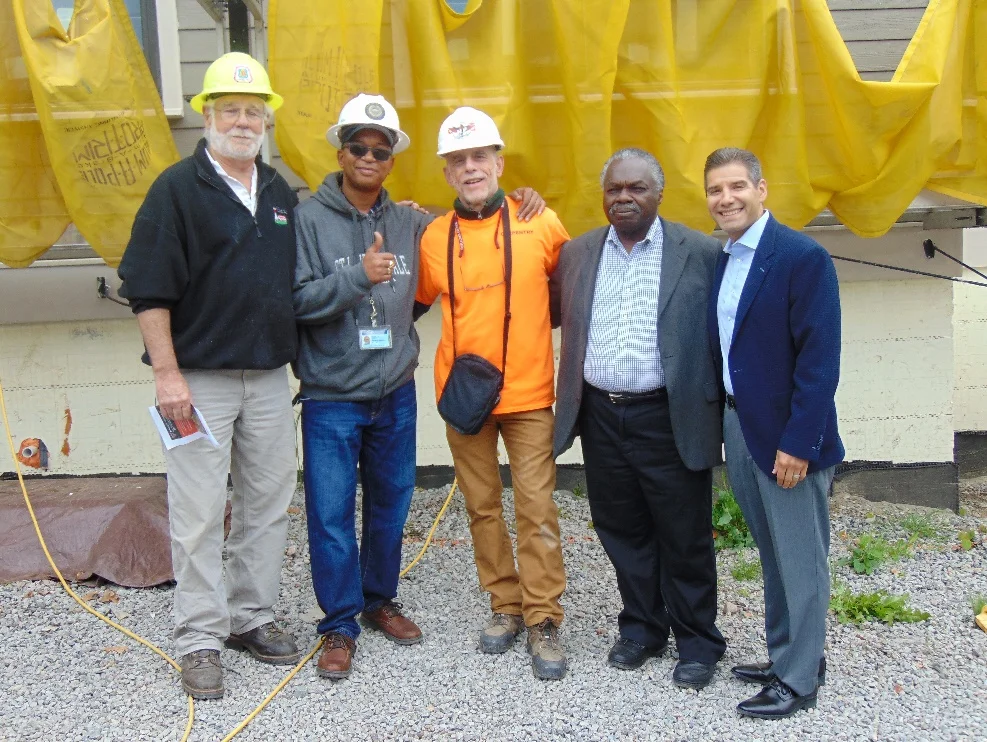 Pictured here: Tim Tudor (YouthBuild Boston), Darrell Boyd (City of Boston), Vinny Fanuele (Madison Park Technical Vocational High School), Ken Smith (YouthBuild Boston), and John Valverde (YouthBuild USA).