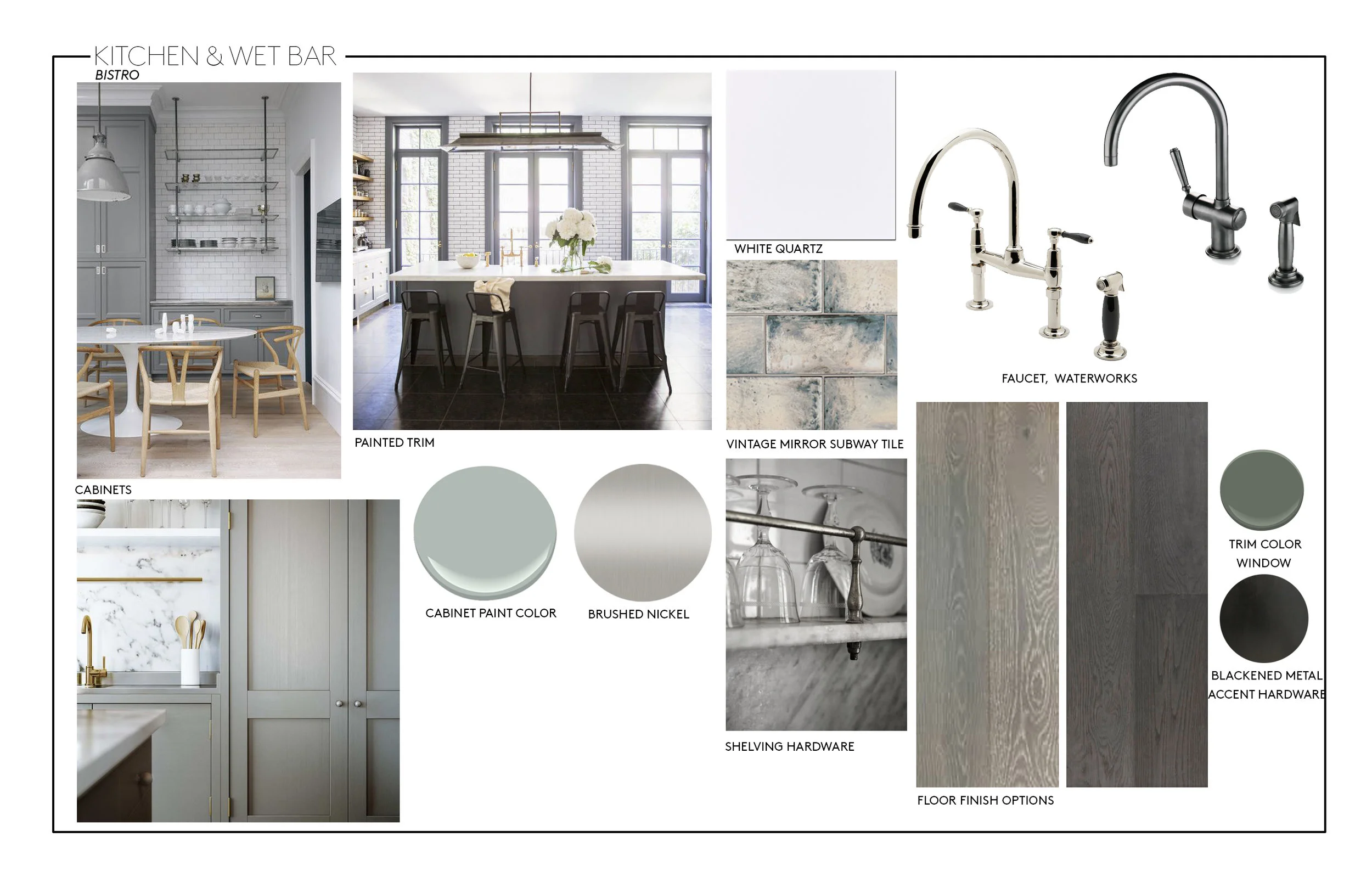 I created a bistro kitchen concept board for this kitchen renovation using high contrasting tones and use of marble and subway tile. 