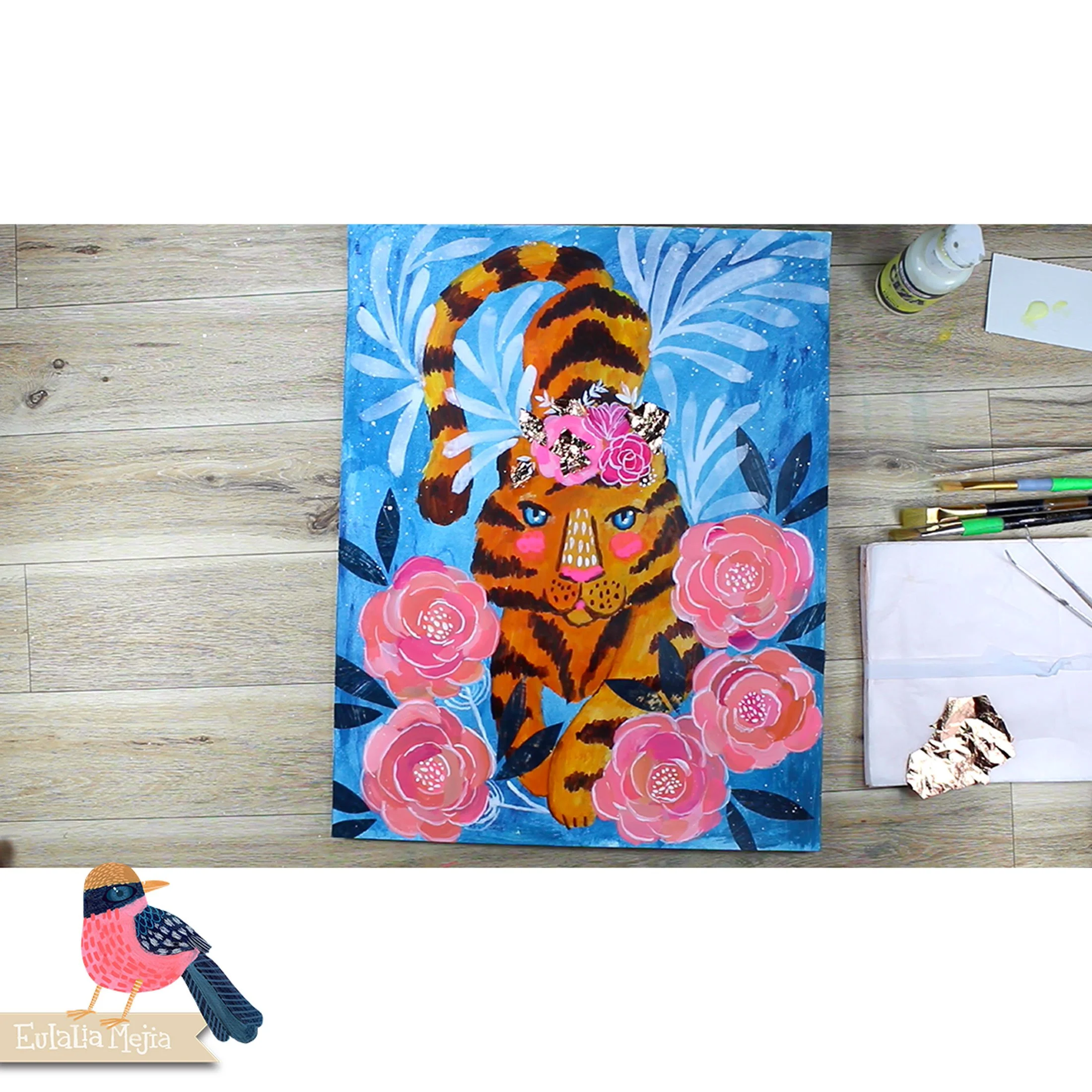 Mixed Media tiger painting online workshop class by Eulalia Mejia