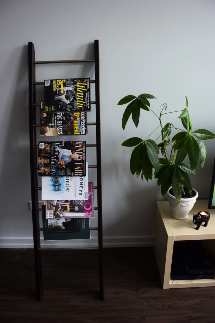 This magazine rack was gifted from my parents & features a vibrant assortment of Grayson & I's favorite magazines. I placed the money tree I've nurtured for 2 years on the TV stand (next to the most adorable bear tea light holder I picked up from CB2 - I'm obsessed with it!) to give a splash of color.