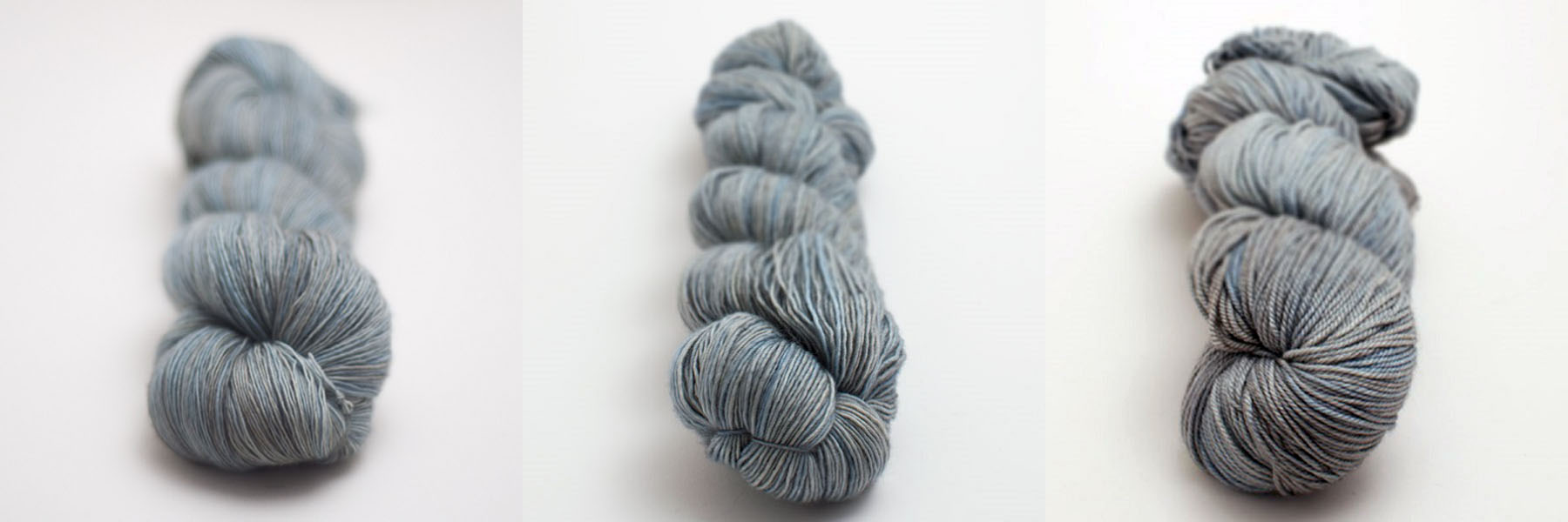 From left to right: Madelinetosh colorway Fallen Cloud in lace weight Prairie (100% merino wool), fingering weight Merino Light (100% merino wool), & sport/DK weight Pashmina (75% wool, 15% silk, 10% cashmere). Photos by Loop London .