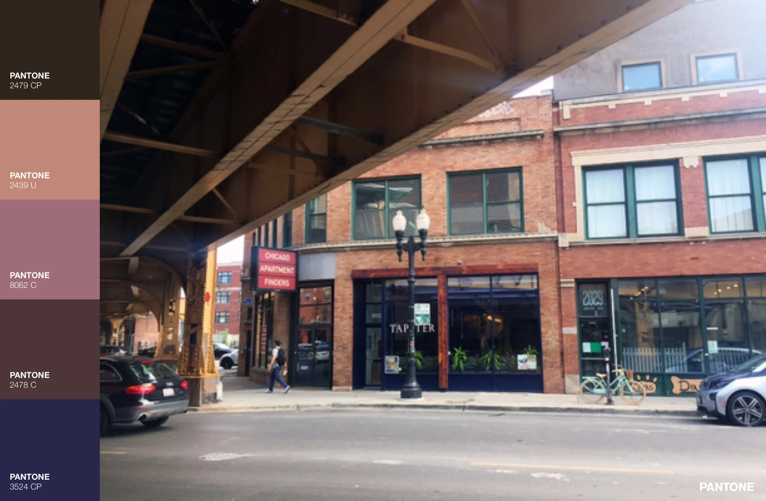 I snapped this photo underneath the Blue line, not far from the Damen stop. I love the rich warmth supplemented by the cool colored window frames. Also that bike across the street on the right is adorable & it posed so well for the photo.
