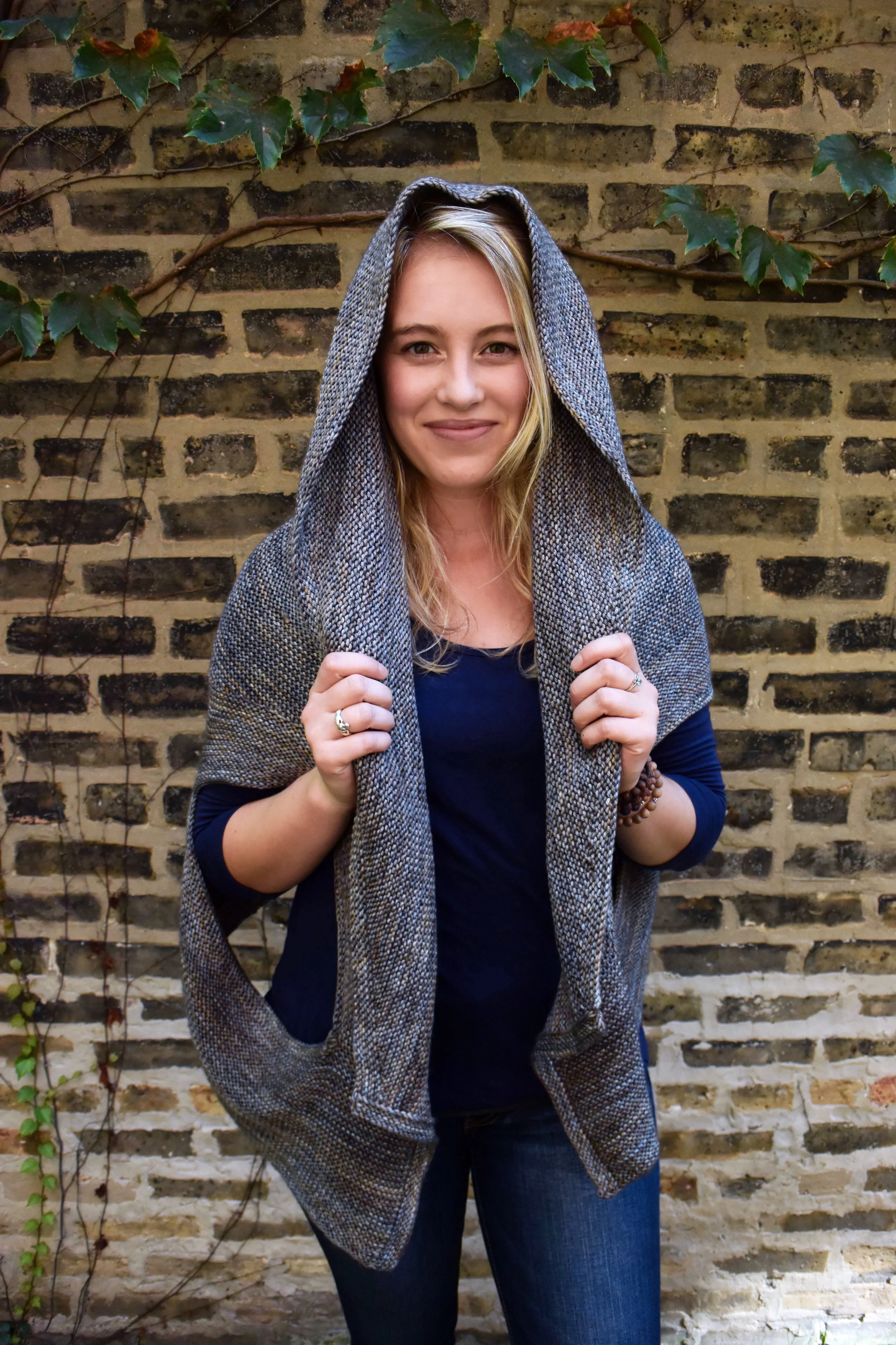 The Rachel Wrap, worn with the hood up