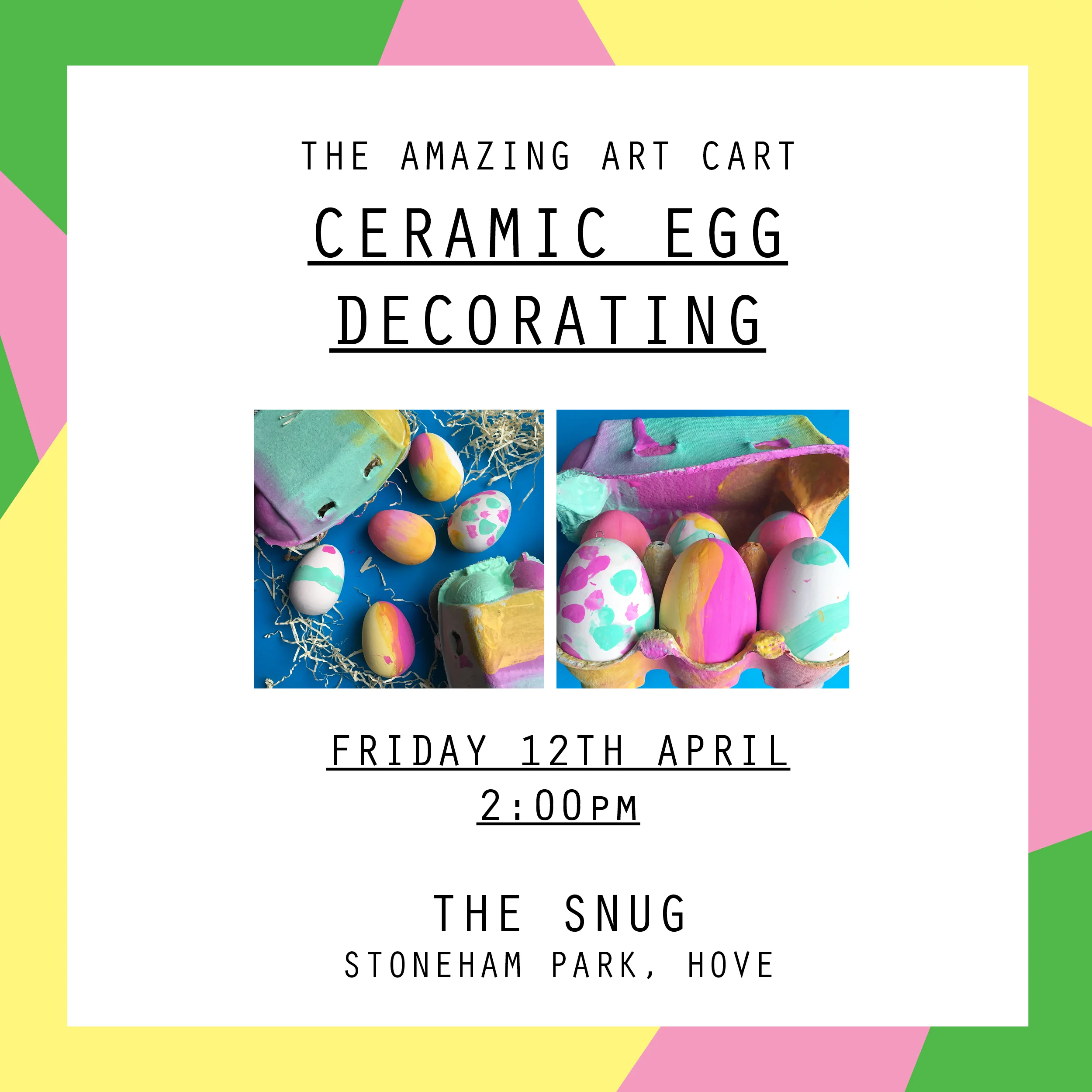 Join the Amazing Art Cart for a ceramic easter egg painting workshop and create your very own box of colourful easter decorations. Workshops are aimed at children aged 5 - 12. Children 8 and under must be accompanied by an adult for the duration of the workshop, children 9 and over may be left but parents have to stay within the cafe building.