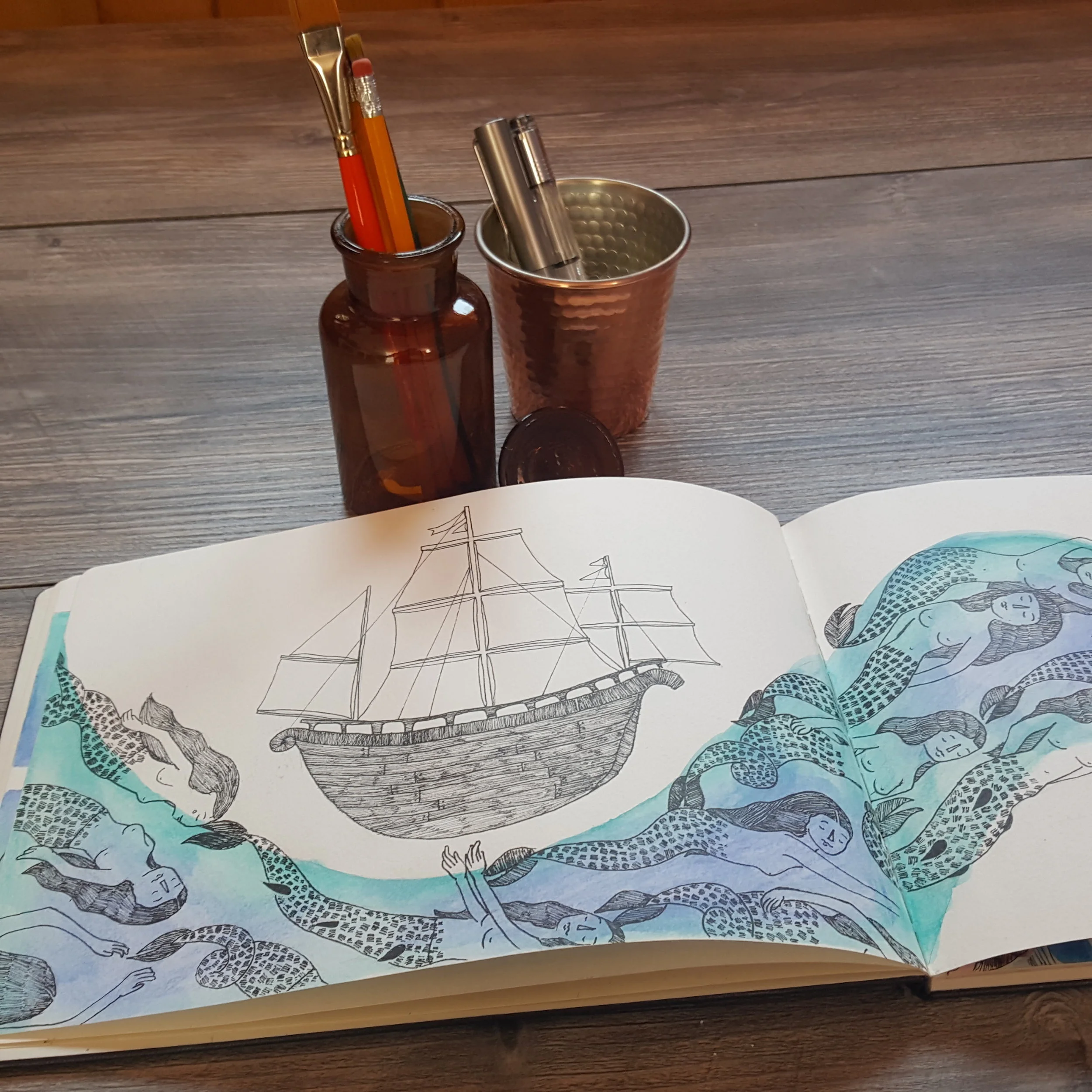 Watercolor and pen technique 