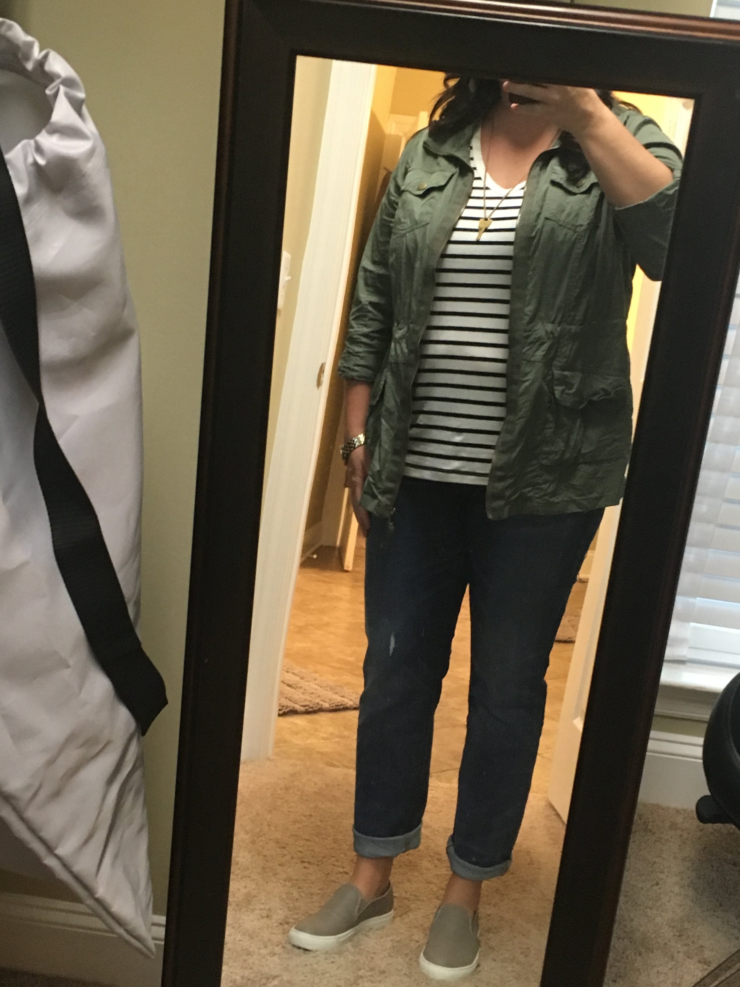 I'm terrible at these mirror shots, but I liked this outfit. Striped tee (Target), utility jacket (Ross), jeans (Madewell), sneakers (Steve Madden), Giving Key necklace