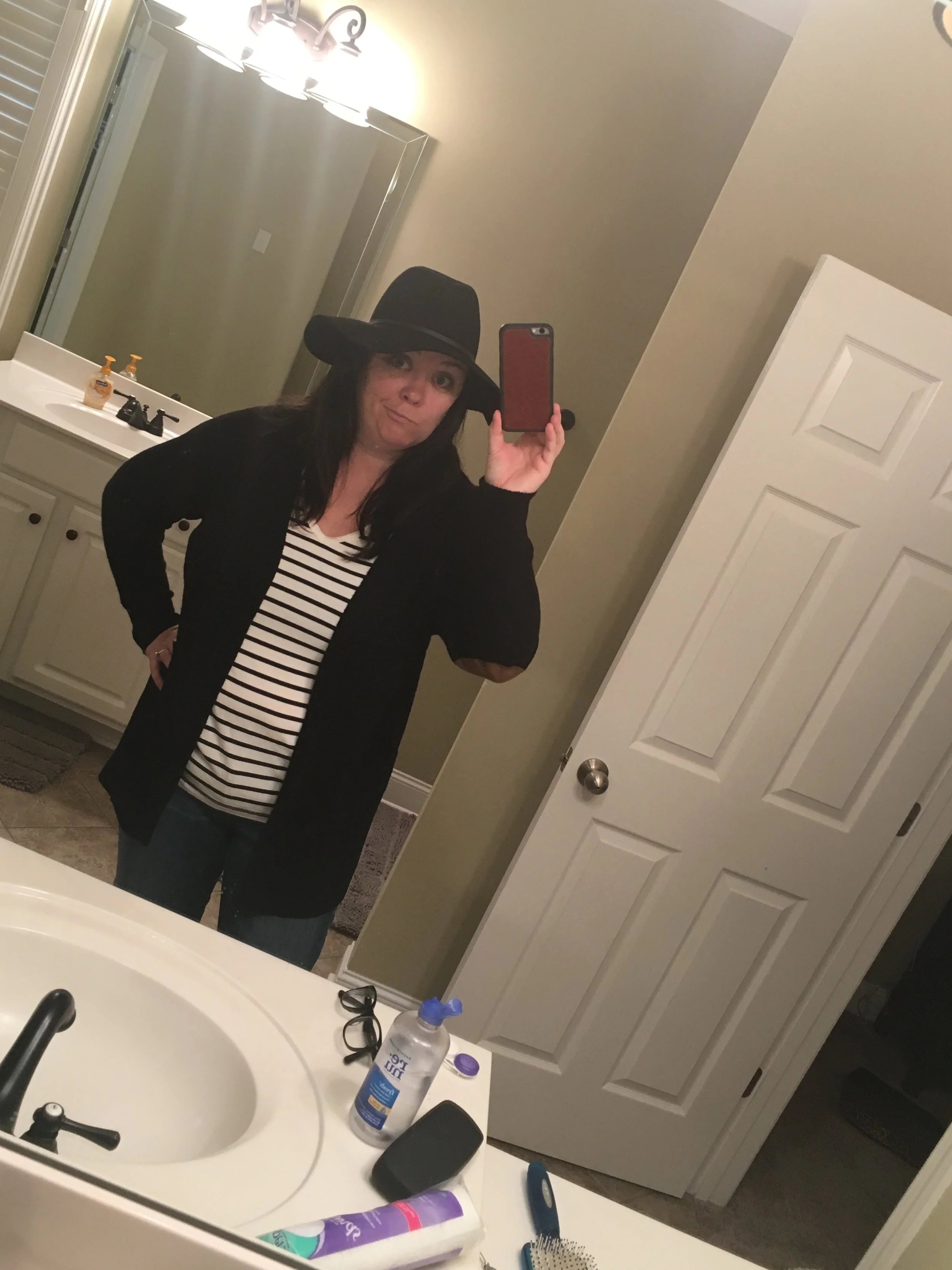 Embracing the hat! Striped tee....again (Target), cardigan with cute elbow patches (Ross), hat (Target)