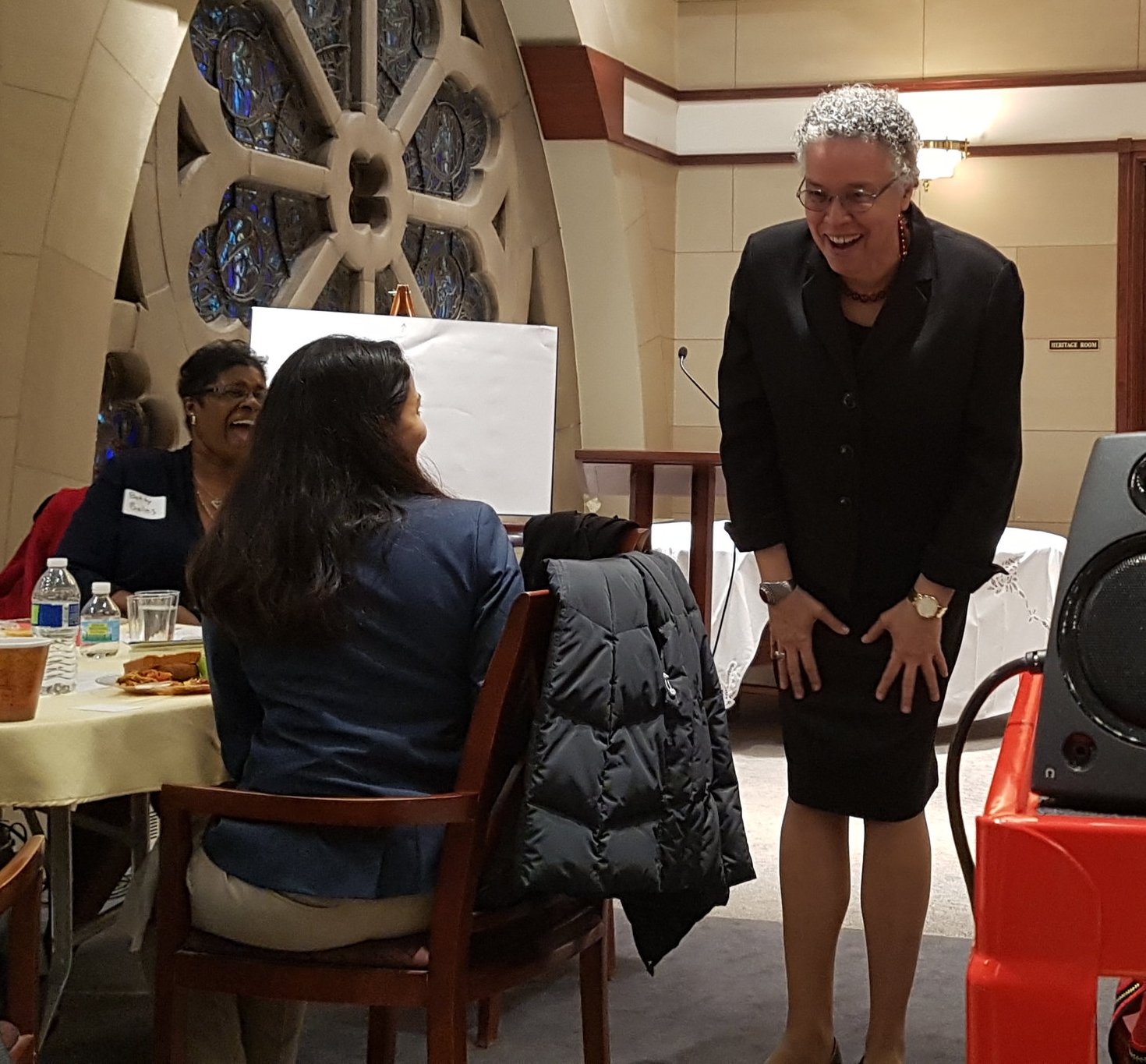 Cook County ILLINOIS Board President Toni Preckwinckle in a light moment while addressing the gathering. 