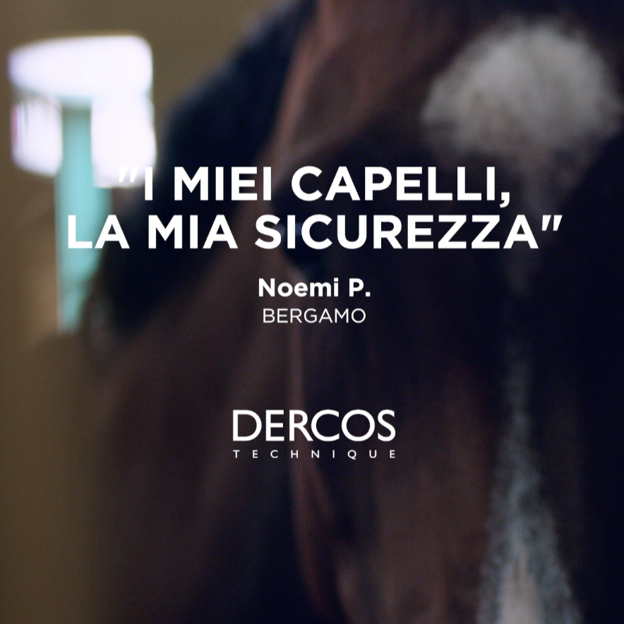Close-up of a horse's head with text overlay about hair and safety techniques by Noemi P. from Bergamo, related to DERCOS technique.