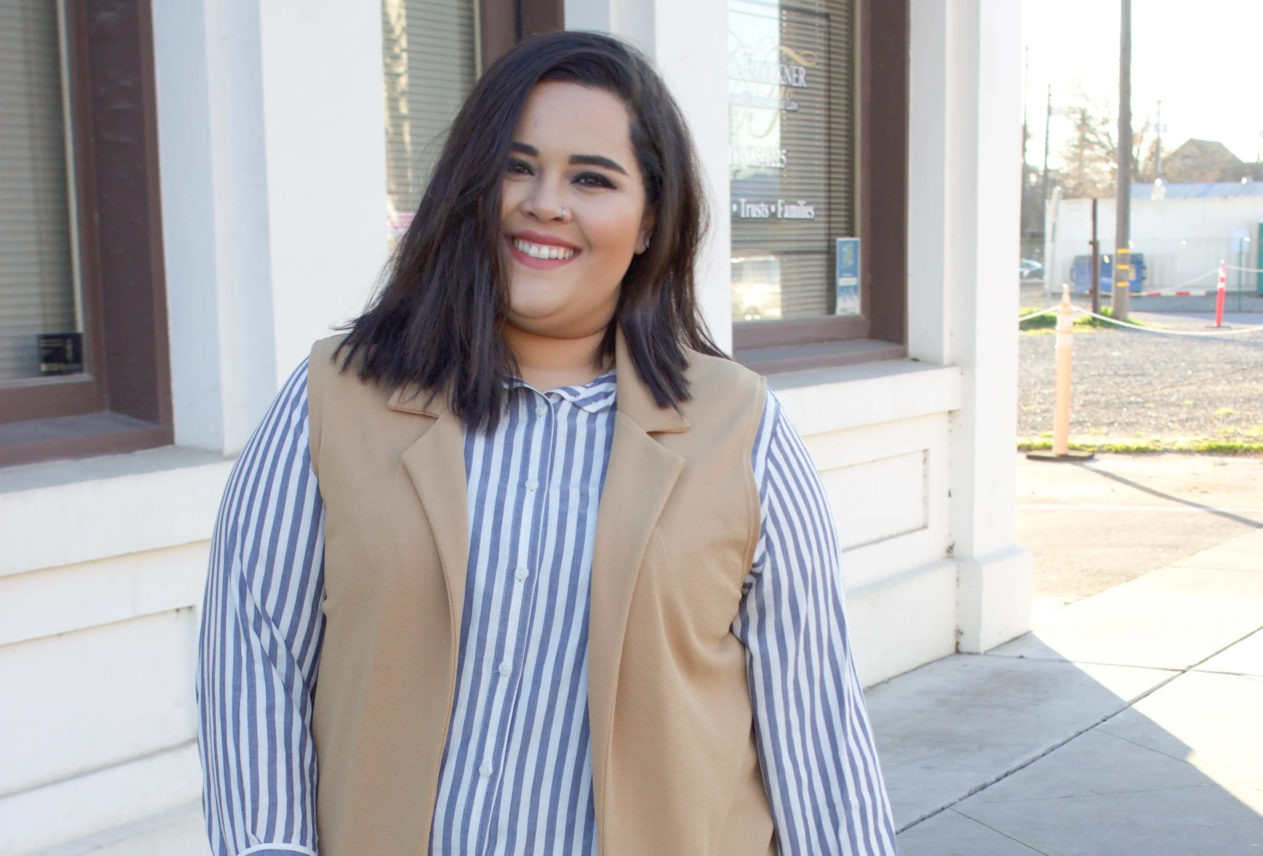 Striped Blouse & Camel Vest