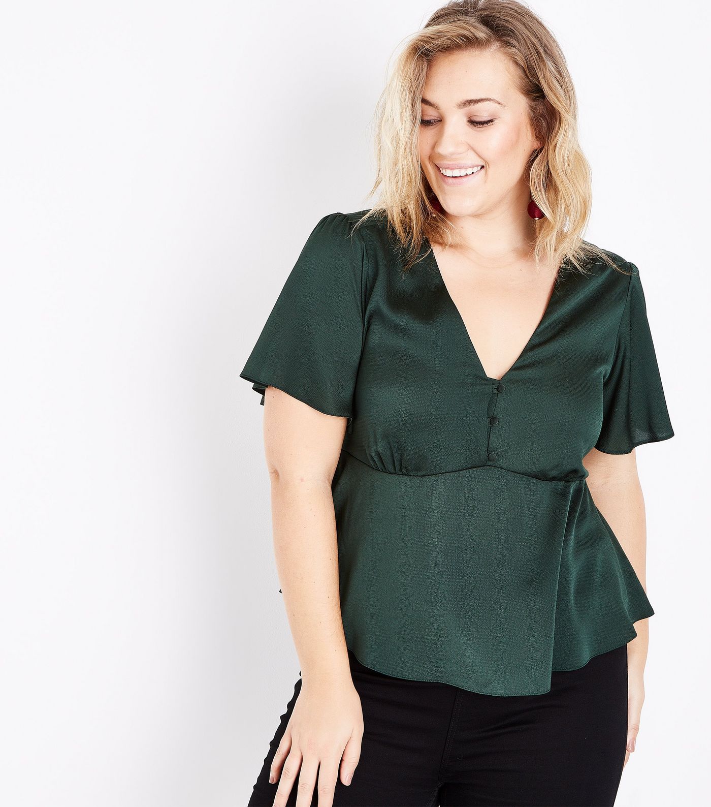 Curves Dark Green Satin Button Front Blouse - $20.38