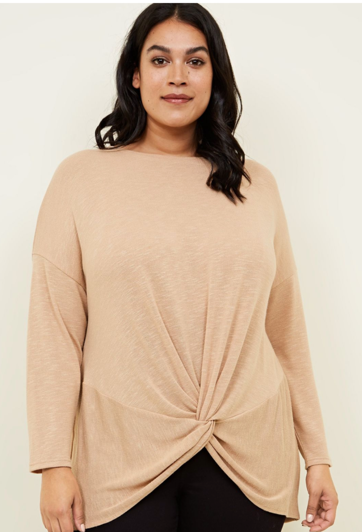 Curves Camel Fine Knit Twist Front Top - £9.74