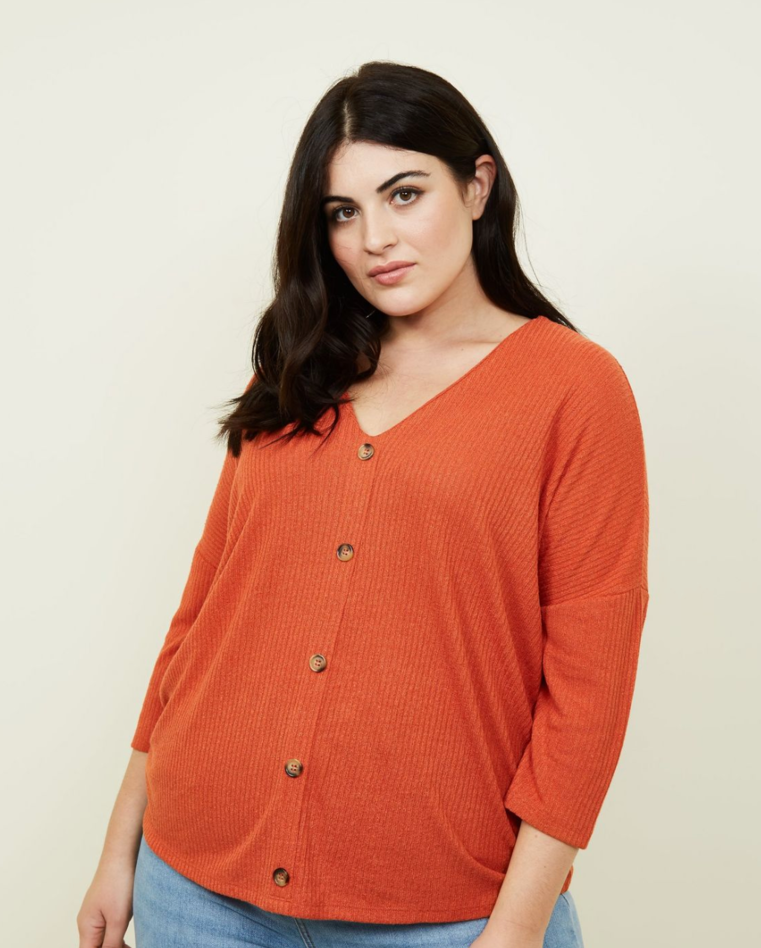 Curves Orange Fine Knit Button Front T-Shirt - £11.99